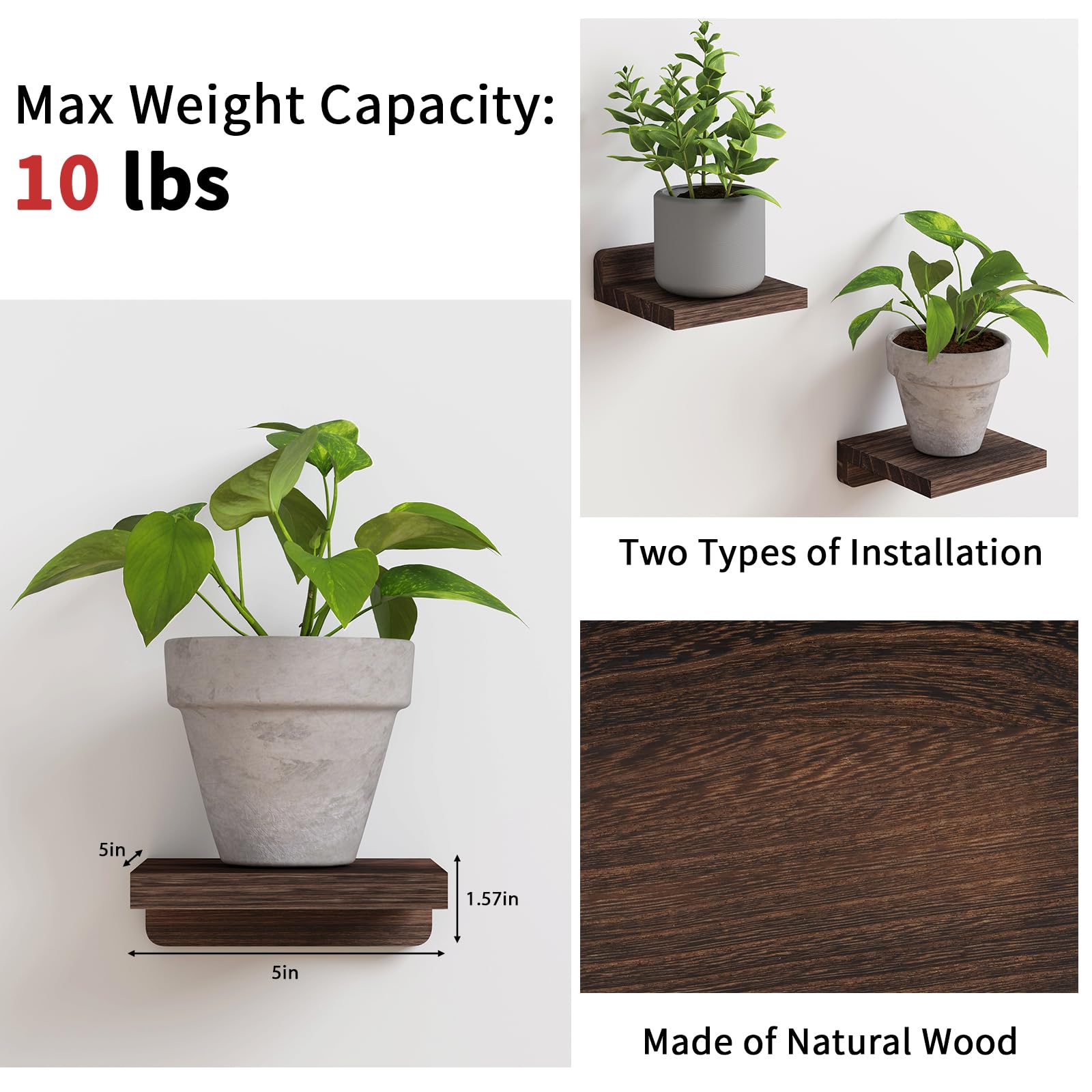 Fixwal Wall Shelves, 5x5 Inches Small Floating Shelf, Rustic Wood Wall Mounted Shelves for Bedroom, Living Room, Kitchen, Bathroom Decor (Set of 4, Black)