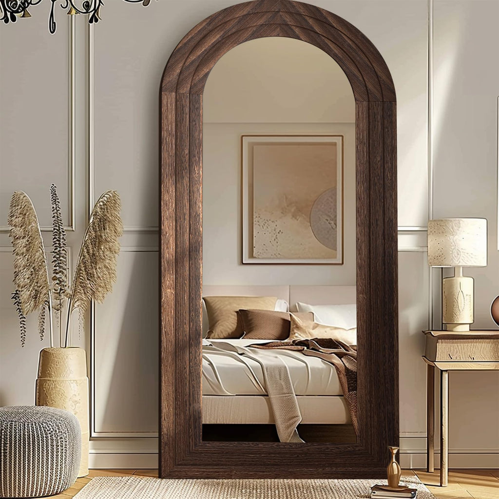 ZHUNFA Arched Full Length Mirror with Solid Wood Frame, 71x32 Farmhouse Wall Mounted Floor Mirror with Stand, Vertical Hanging, Leaning Standing for Bedroom, Living Room, Brown