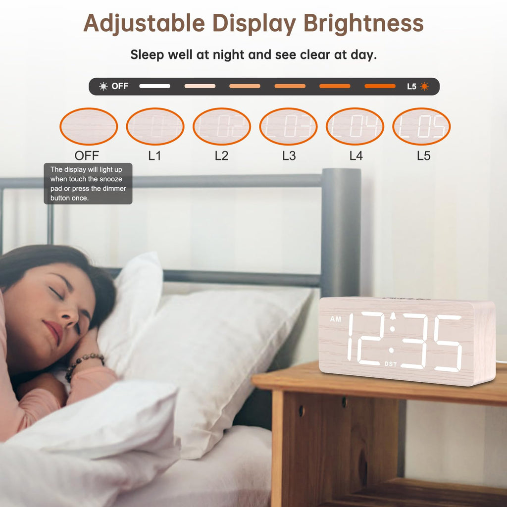 DreamSky Wooden Digital Alarm Clock for Bedroom - Desk Clock for Living Room with Large Numbers, Dimmer, Loud Alarm for Heavy Sleepers with Volume Control, DST, Office Wood Decor (Plug in Clock)
