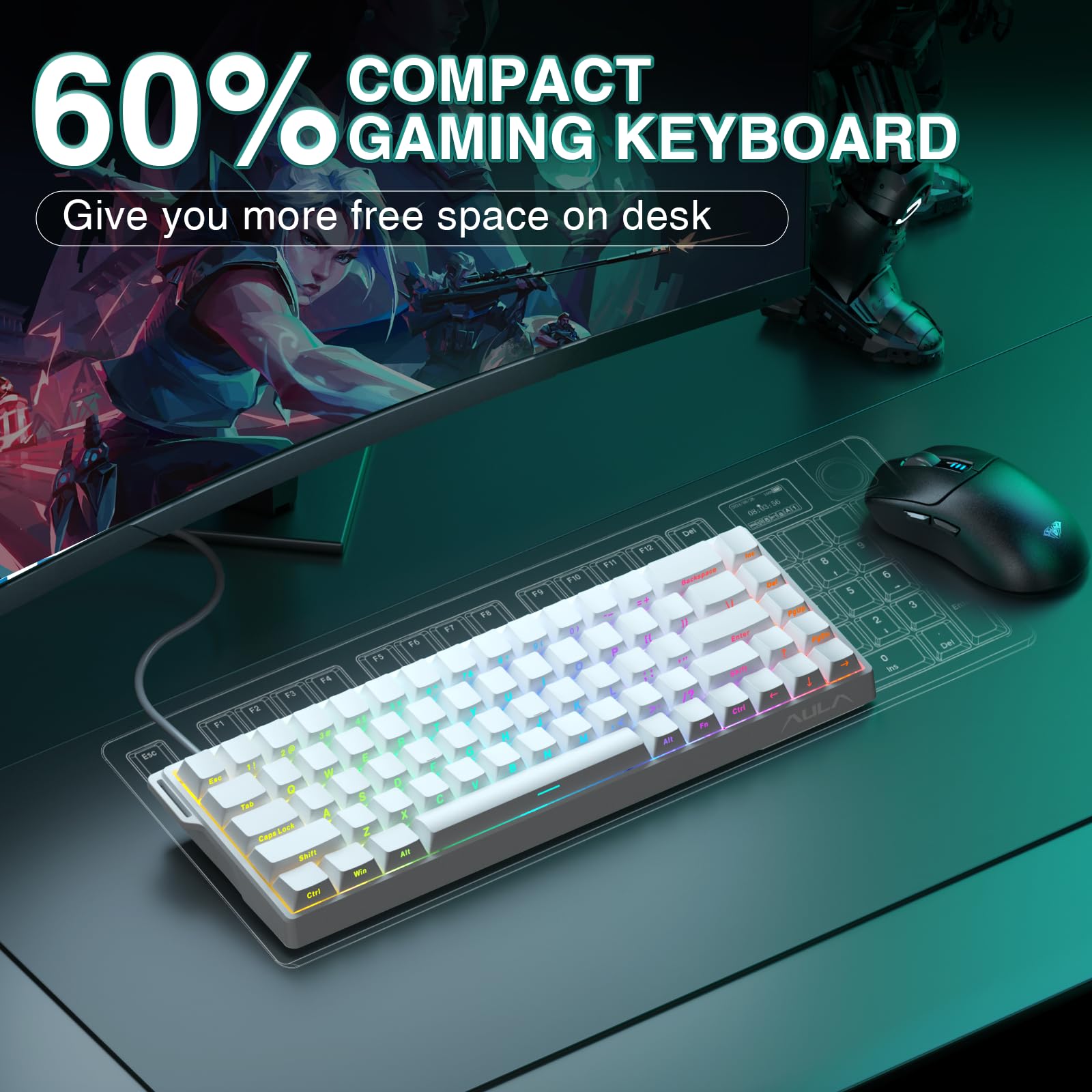 AULA WIN68 HE Mechanical Gaming Keyboard 60%, Hall Effect Magnetic Switch, Fast Trigger Mode Adjustable Actuation, 8000Hz Polling Rate, RGB Backlit, Wired Black Keyboard for Laptop/PC Gamer