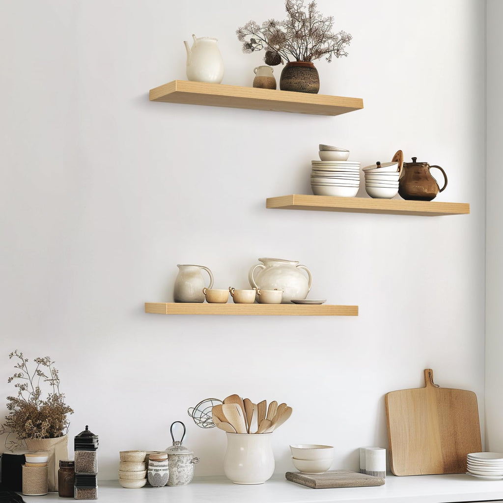 BAYKA Floating Shelves for Wall, Wall Mounted Rustic Wood Shelves for Bathroom, Bedroom, Living Room, Kitchen, Hanging Shelf for Books/Storage/Room Decor with 22lbs Capacity (Black, Set of 3, 15.7in)