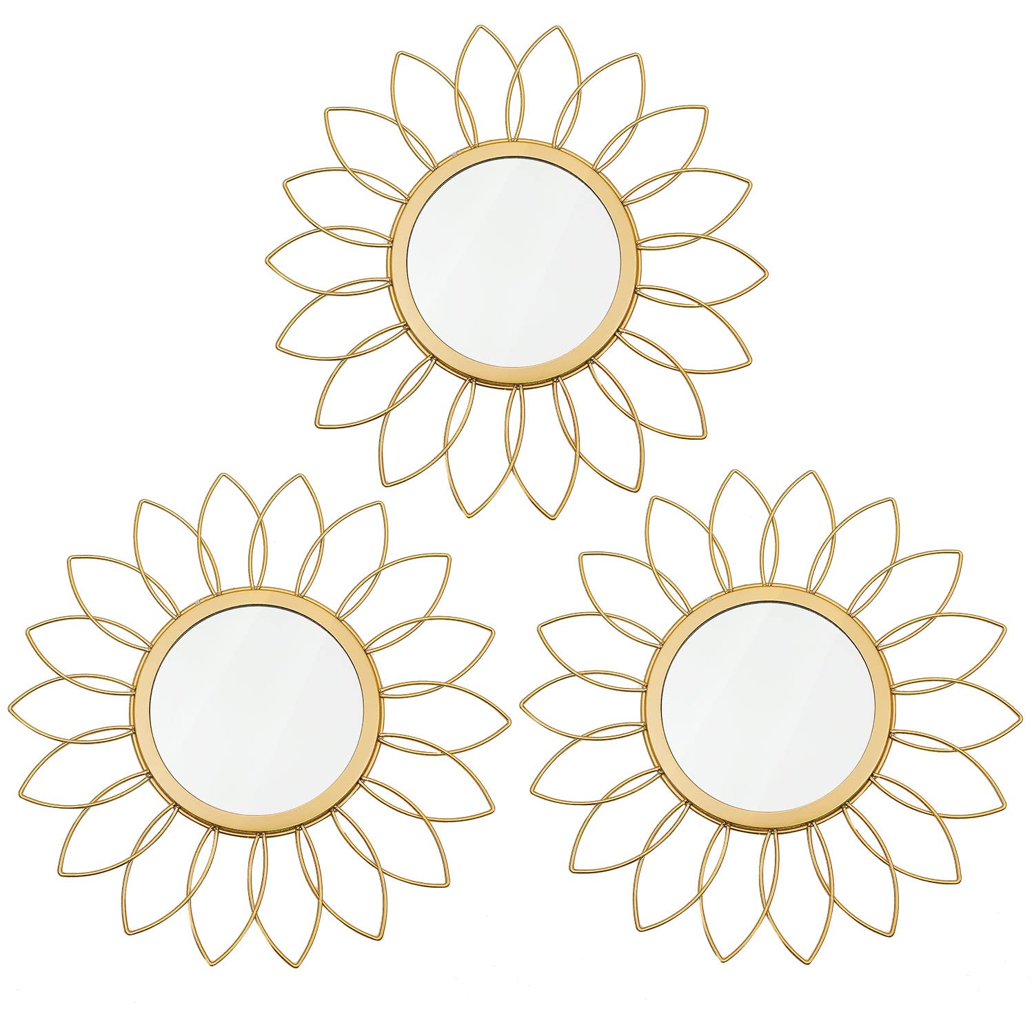 3 Pack Metal Mirrors for Wall Sunburst Wall Mirrors Home Décor Decorative Hanging Wall Art for Living Room Bedroom Entryway (Gold, Flower+Sunburst)