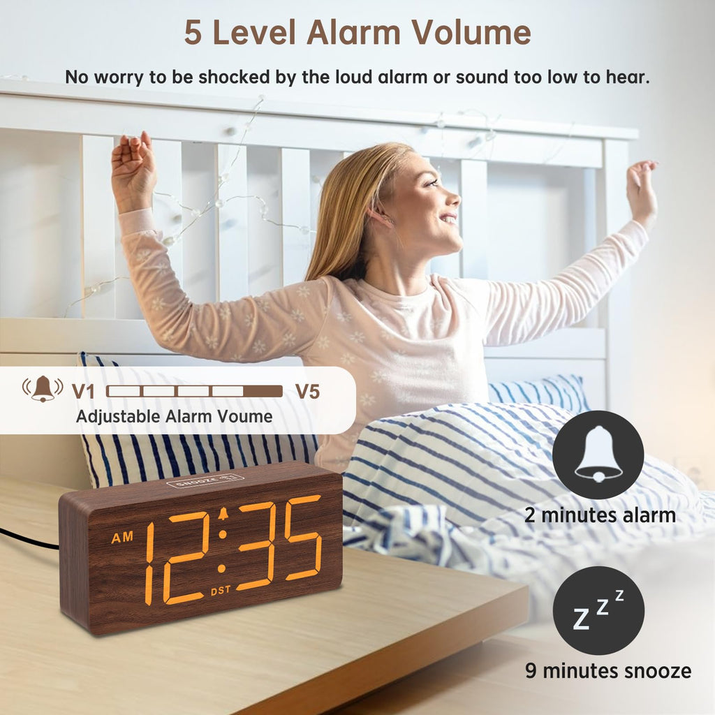 DreamSky Wooden Digital Alarm Clock for Bedroom - Desk Clock for Living Room with Large Numbers, Dimmer, Loud Alarm for Heavy Sleepers with Volume Control, DST, Office Wood Decor (Plug in Clock)