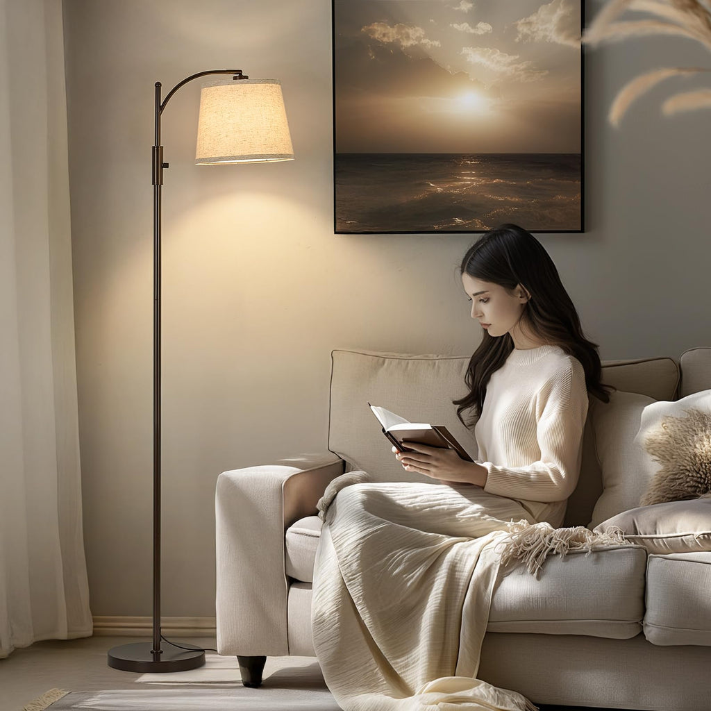 AIDENOEY Fully Dimmable Floor Lamp for Living Room，Standing Lamp Rotary Switch with Table&Linen Beige Shade，Golden Tall Lamps for Bedroom with Adjust Head，9W LED Bulb Included