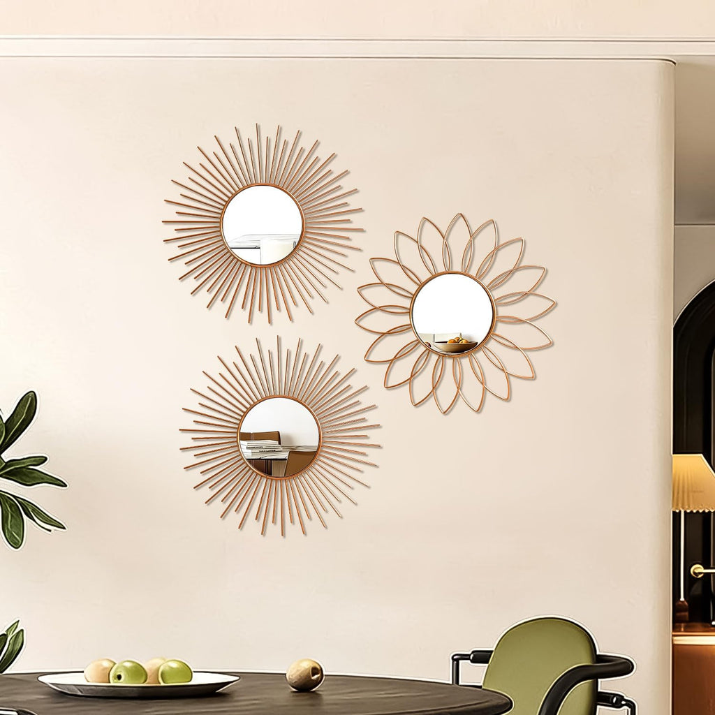 3 Pack Metal Mirrors for Wall Sunburst Wall Mirrors Home Décor Decorative Hanging Wall Art for Living Room Bedroom Entryway (Gold, Flower+Sunburst)