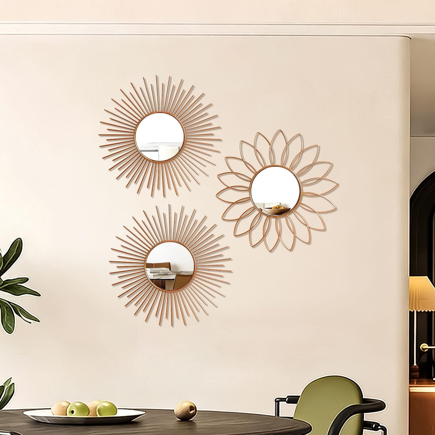 3 Pack Metal Mirrors for Wall Sunburst Wall Mirrors Home Décor Decorative Hanging Wall Art for Living Room Bedroom Entryway (Gold, Flower+Sunburst)