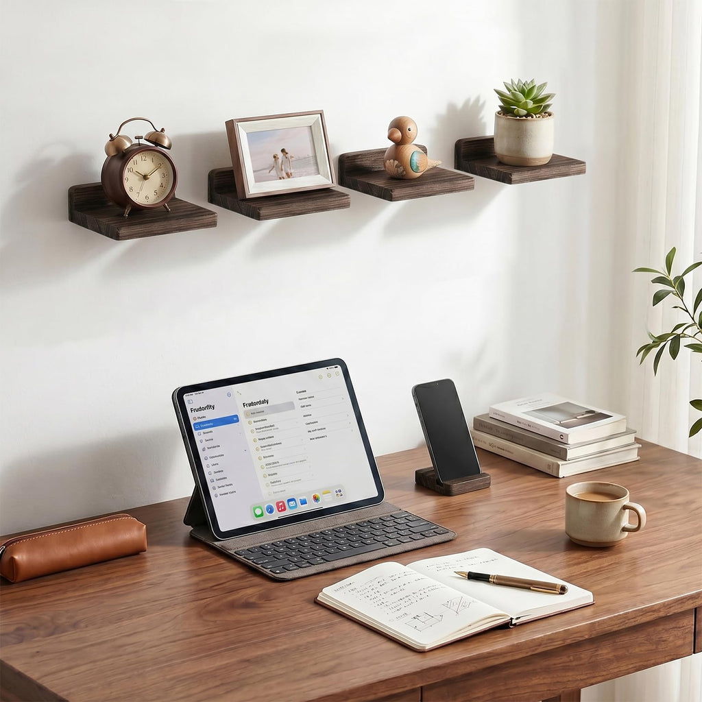 Fixwal Wall Shelves, 5x5 Inches Small Floating Shelf, Rustic Wood Wall Mounted Shelves for Bedroom, Living Room, Kitchen, Bathroom Decor (Set of 4, Black)