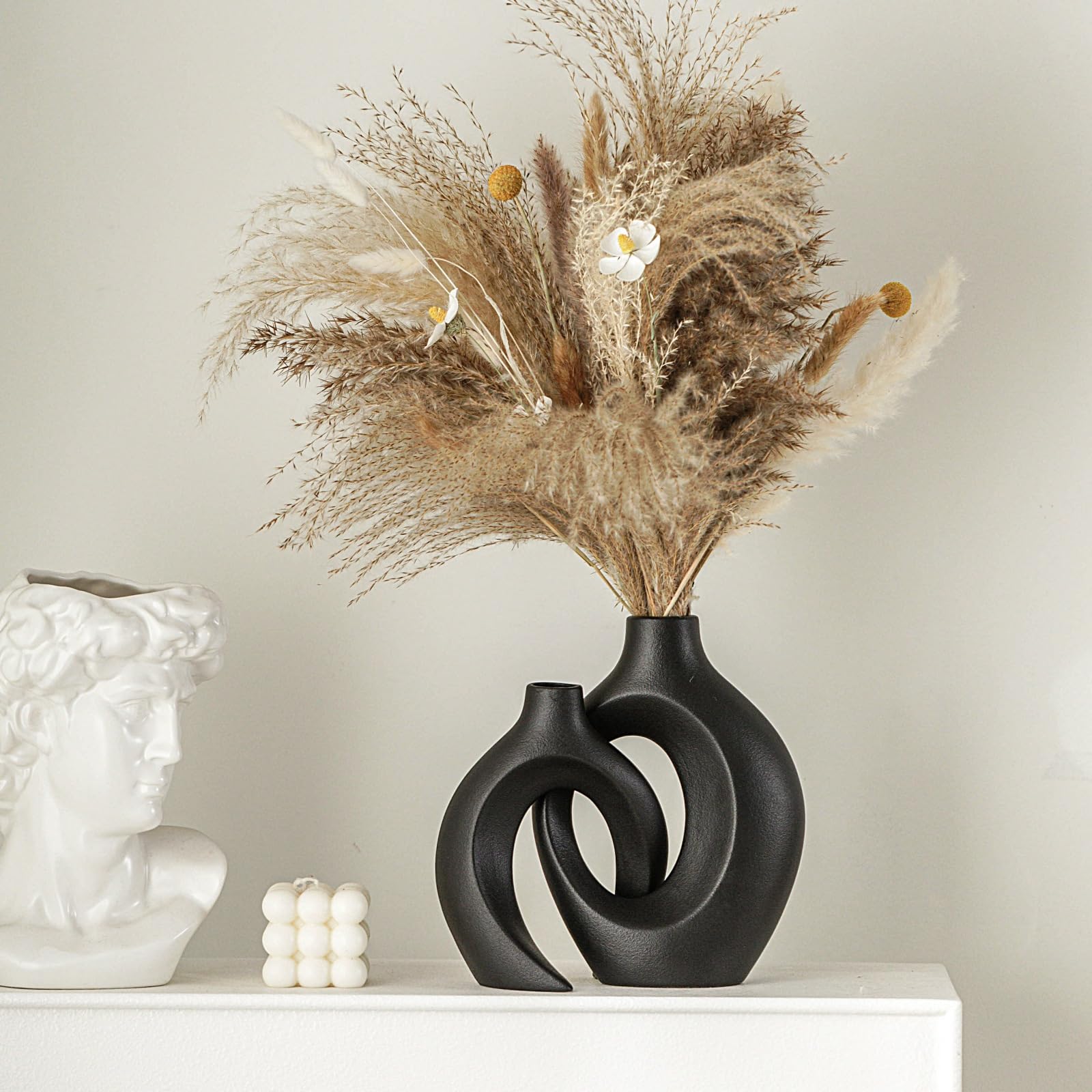 Lvases Snuggle Hollow Ceramic Vase Set of 2, Nordic Modern Boho ins Style Decorative Ceramic Aesthetic Flower Vase for Home Decor (Milky White W 6.3" X H 8.4")