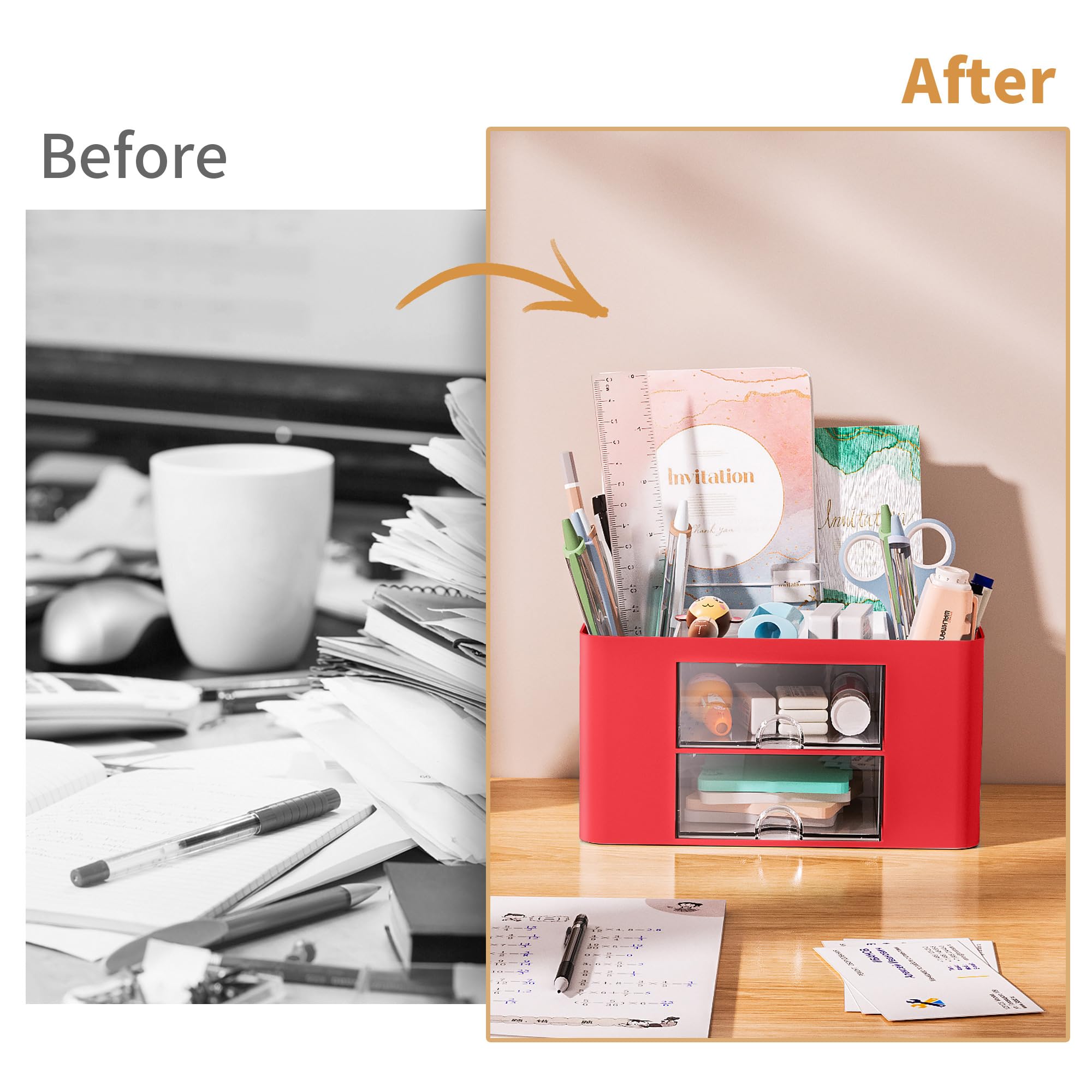Marbrasse Pen Organizer with 2 Drawer, Multi-Functional Pencil Holder for Desk, Desk Organizers and Accessories with 5 Compartments + Drawer for Office Art Supplies (White)