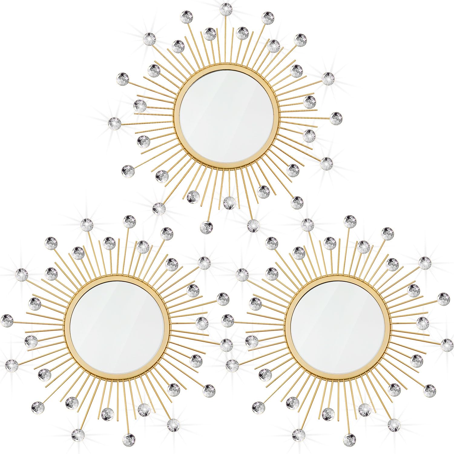 3 Pack Metal Mirrors for Wall Sunburst Wall Mirrors Home Décor Decorative Hanging Wall Art for Living Room Bedroom Entryway (Gold, Flower+Sunburst)