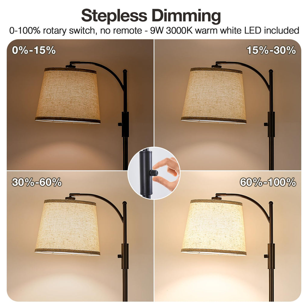 AIDENOEY Fully Dimmable Floor Lamp for Living Room，Standing Lamp Rotary Switch with Table&Linen Beige Shade，Golden Tall Lamps for Bedroom with Adjust Head，9W LED Bulb Included