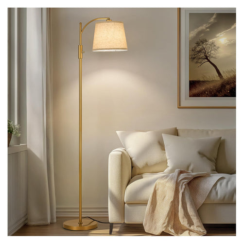 AIDENOEY Fully Dimmable Floor Lamp for Living Room，Standing Lamp Rotary Switch with Table&Linen Beige Shade，Golden Tall Lamps for Bedroom with Adjust Head，9W LED Bulb Included