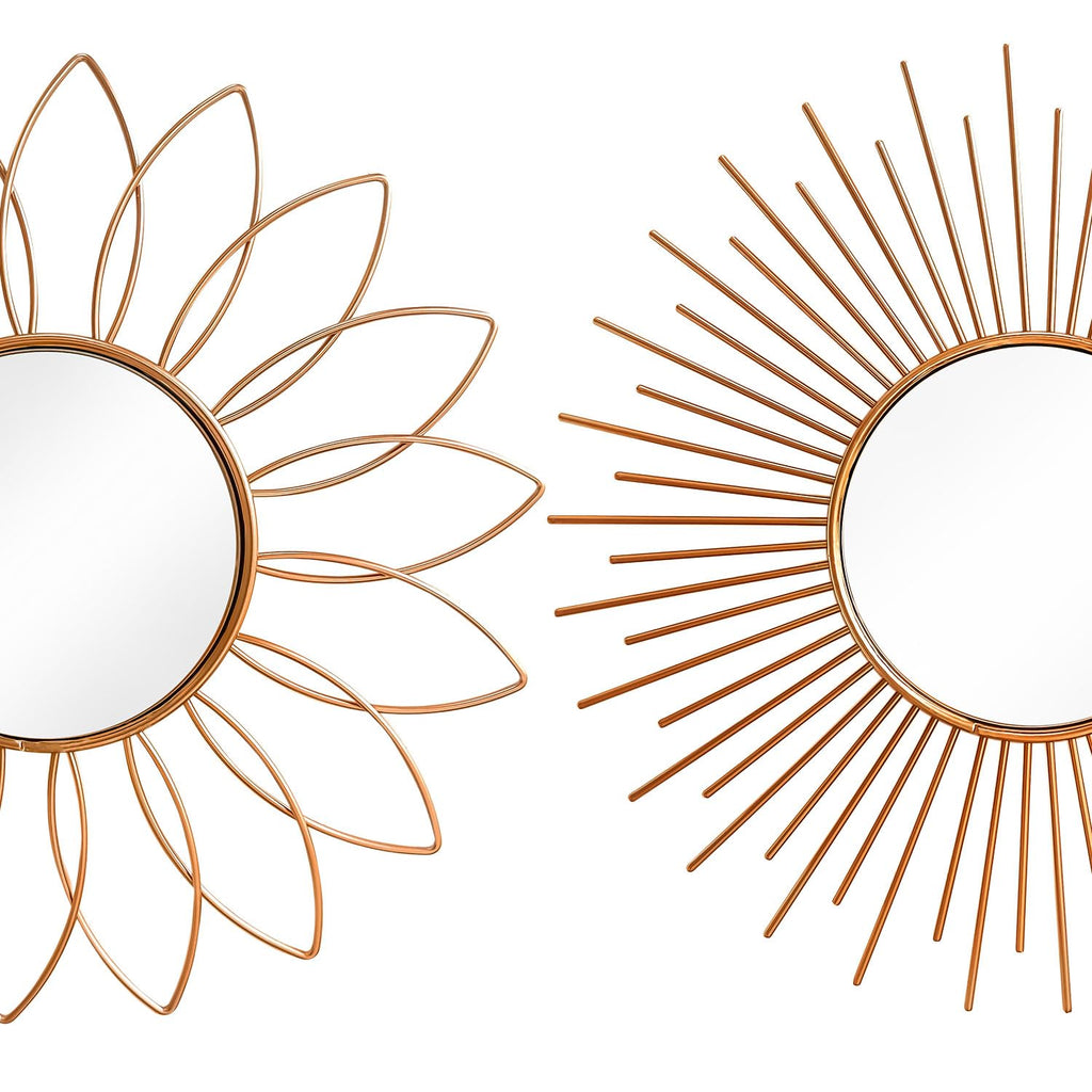 3 Pack Metal Mirrors for Wall Sunburst Wall Mirrors Home Décor Decorative Hanging Wall Art for Living Room Bedroom Entryway (Gold, Flower+Sunburst)