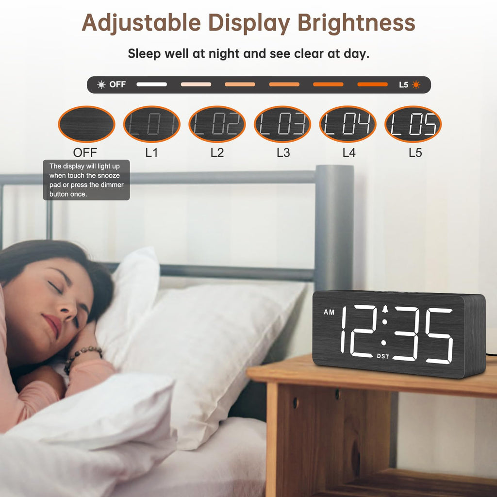 DreamSky Wooden Digital Alarm Clock for Bedroom - Desk Clock for Living Room with Large Numbers, Dimmer, Loud Alarm for Heavy Sleepers with Volume Control, DST, Office Wood Decor (Plug in Clock)