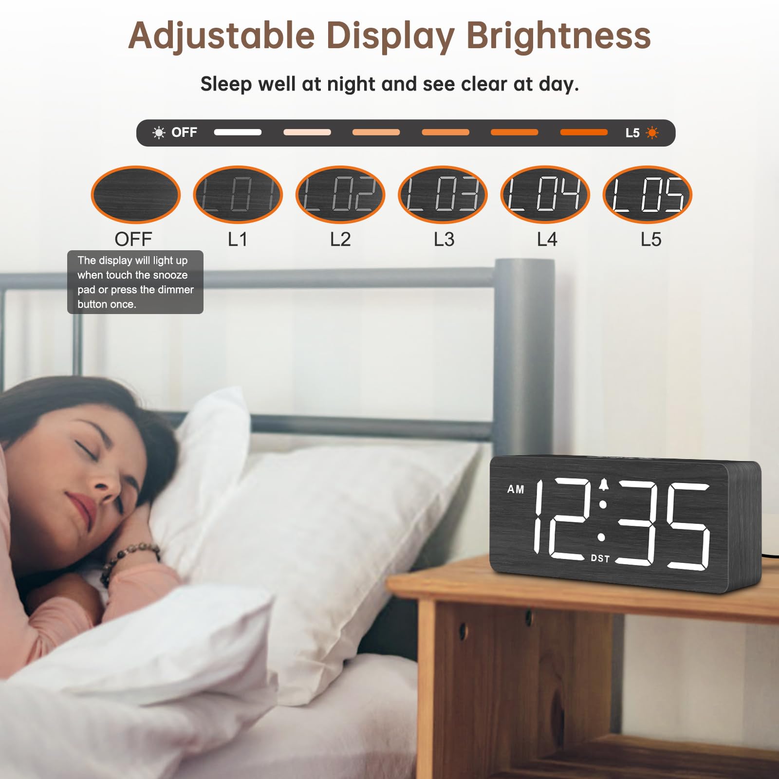 DreamSky Wooden Digital Alarm Clock for Bedroom - Desk Clock for Living Room with Large Numbers, Dimmer, Loud Alarm for Heavy Sleepers with Volume Control, DST, Office Wood Decor (Plug in Clock)