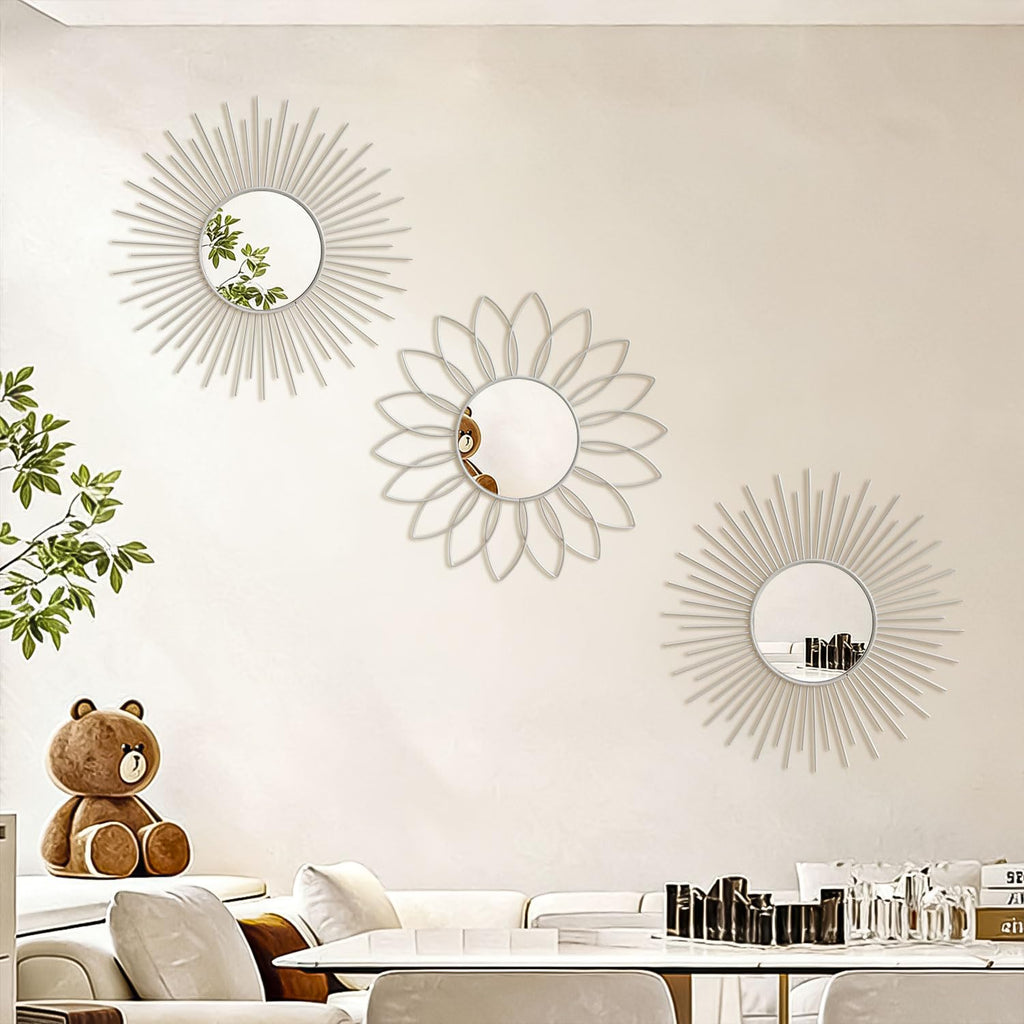 3 Pack Metal Mirrors for Wall Sunburst Wall Mirrors Home Décor Decorative Hanging Wall Art for Living Room Bedroom Entryway (Gold, Flower+Sunburst)