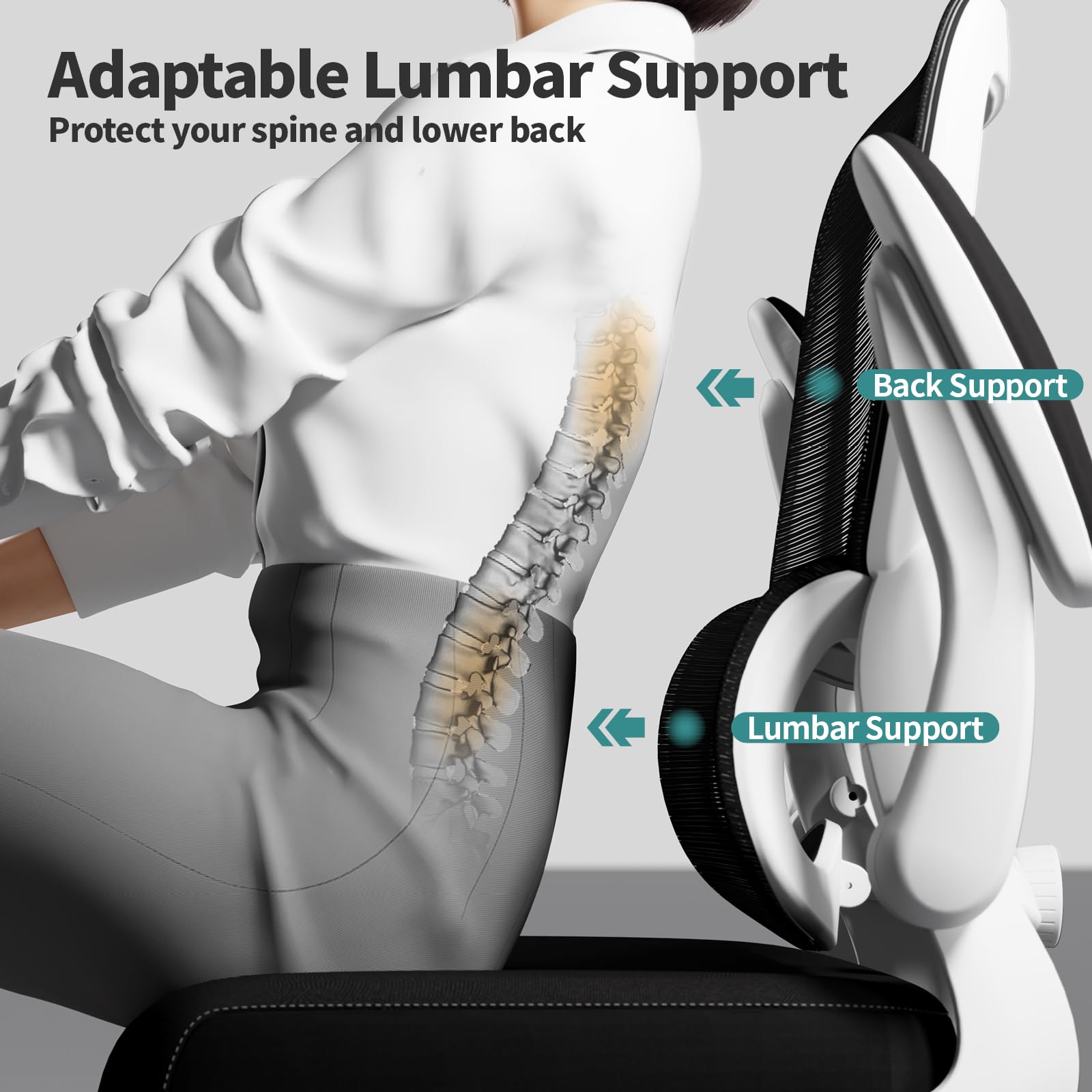 TRALT Office Chair - Ergonomic Desk Chair with Adjustable Lumbar Support, Mesh Computer Chair, Executive Chairs for Home Office Comfortable Lumbar Support (White)