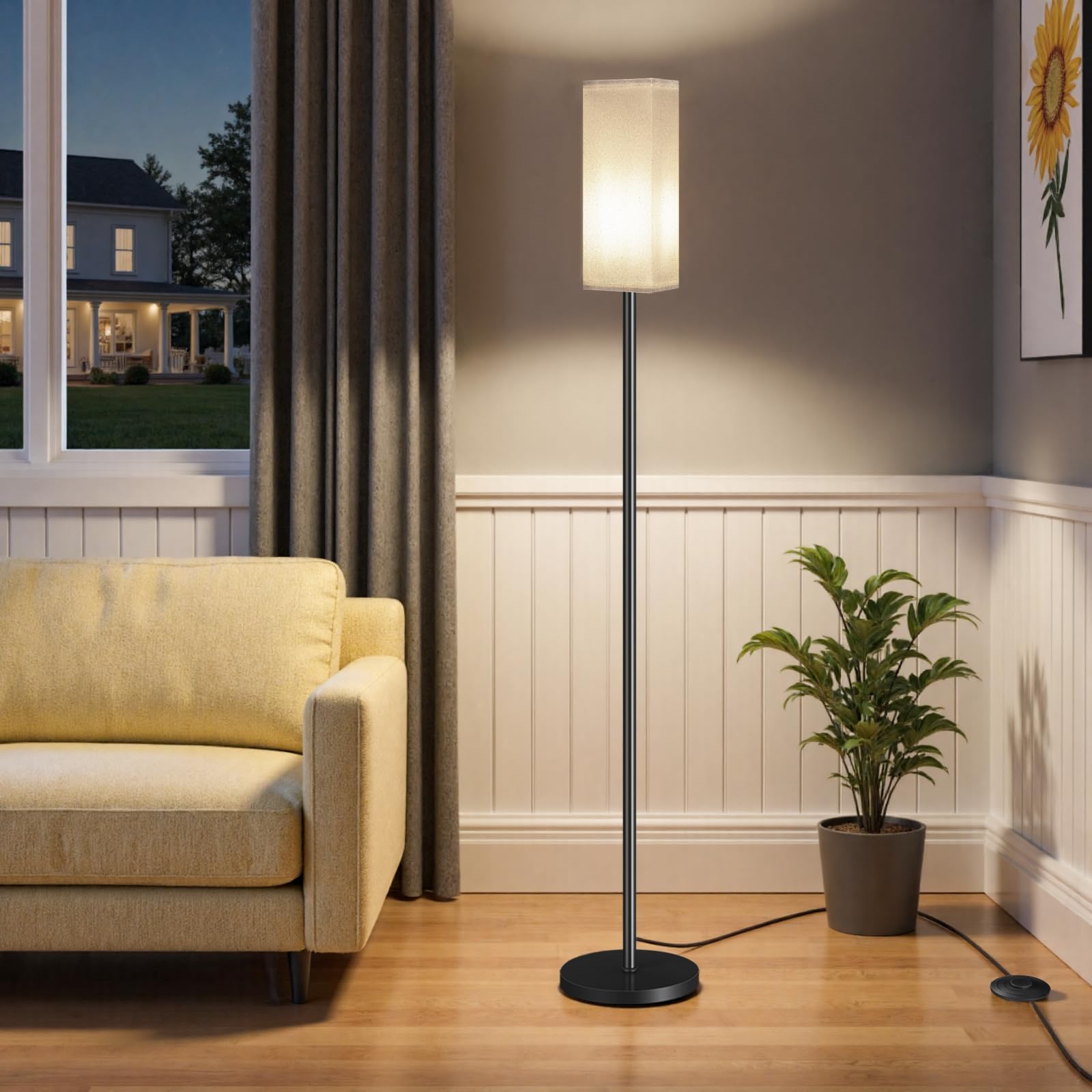 64.6" Floor Lamp, Pole with Foot Switch, Modern Standing Lamp Lampshade, Minimalist Freestanding Lamp (Bulb Not Included), for Living Room, Bedroom Office ETL Listed, Black and Beige E07LD05