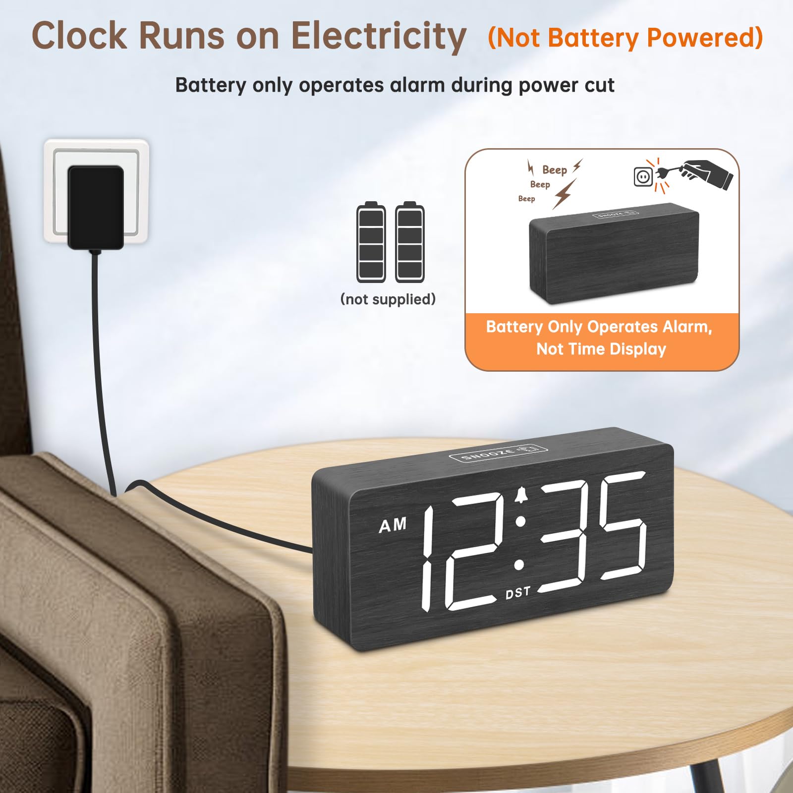DreamSky Wooden Digital Alarm Clock for Bedroom - Desk Clock for Living Room with Large Numbers, Dimmer, Loud Alarm for Heavy Sleepers with Volume Control, DST, Office Wood Decor (Plug in Clock)