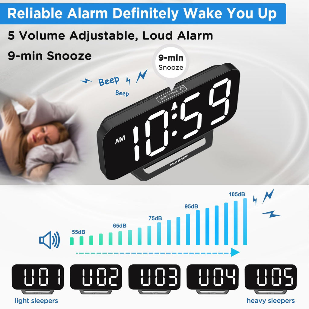 Peakeep Slim Digital Mirror Aesthetic Alarm Clock for Bedrooms Desk Decor - Plug in Electric Big LED Modern Small Clock for Office Living Room, Battery Backup, 6 Dimmers (Gold)
