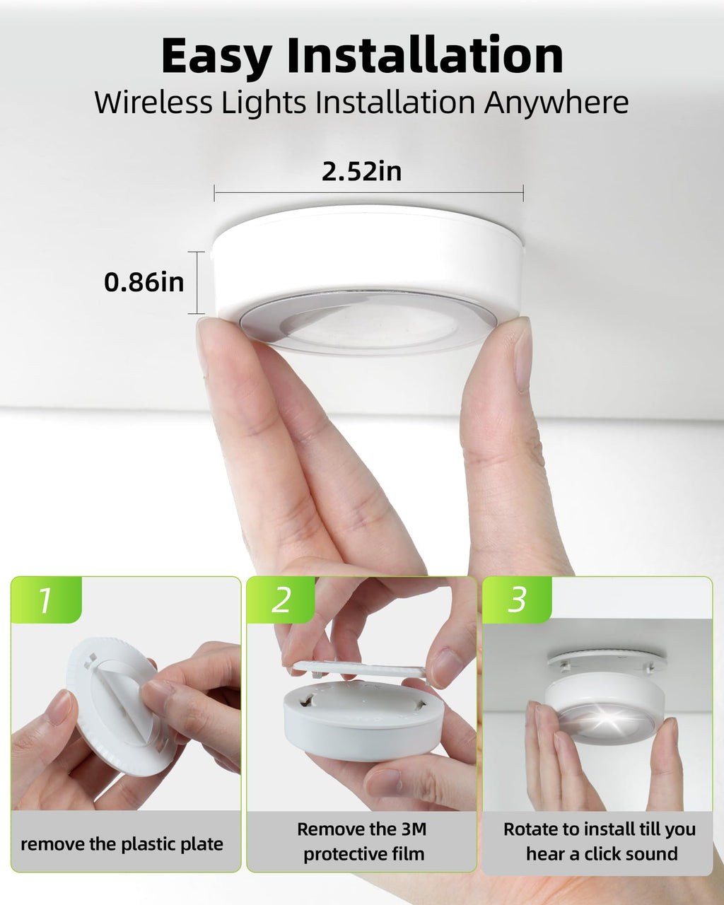 EZVALO LED Puck Lights, Rechargeable Battery Touch Light, 2.5'' Mini Tap Lights, Wireless Closet Light, Under Cabinet Lighting, 3 Color Temps, Stick On Lights Kitchen,Closet,Pantry(2 Pack)