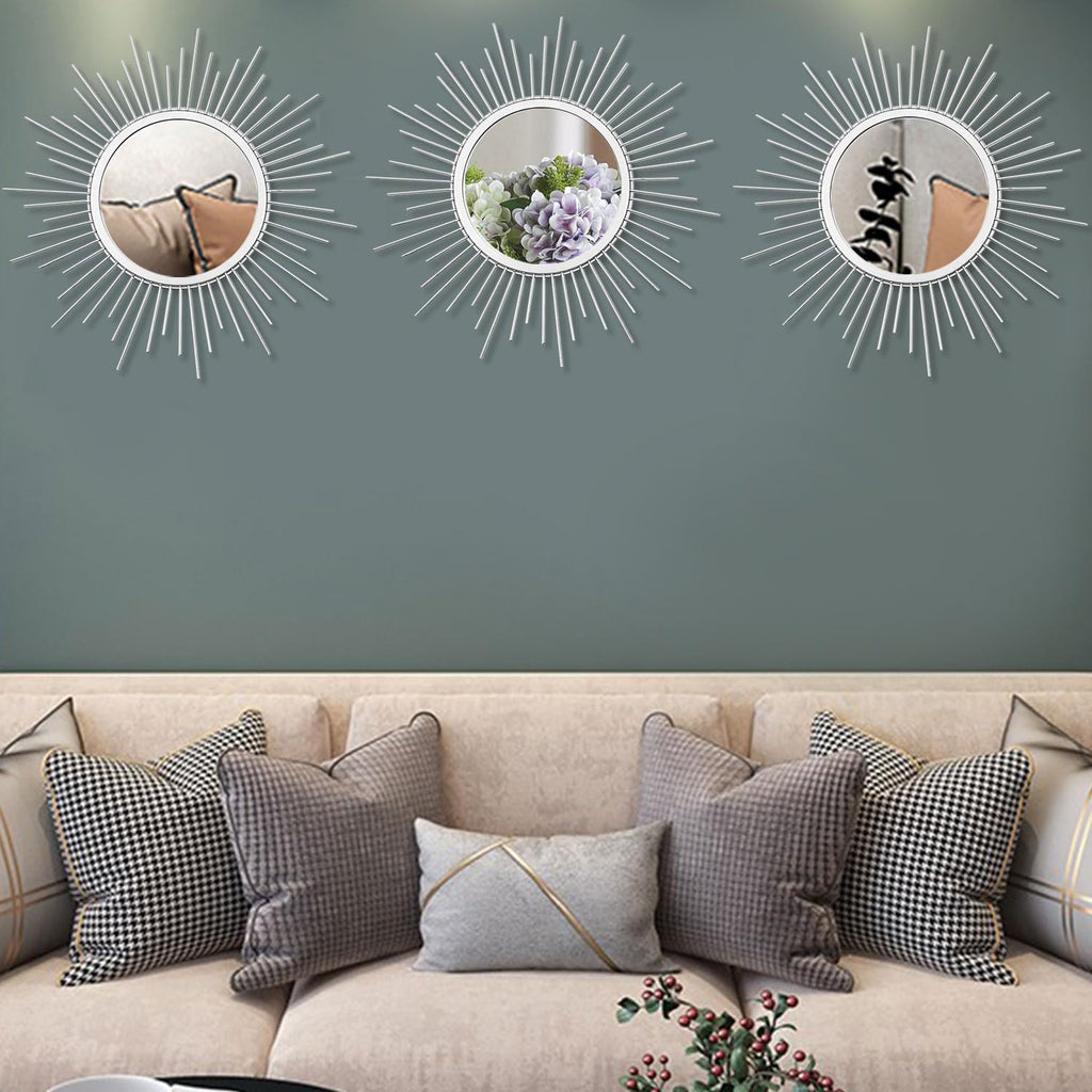 3 Pack Metal Mirrors for Wall Sunburst Wall Mirrors Home Décor Decorative Hanging Wall Art for Living Room Bedroom Entryway (Gold, Flower+Sunburst)