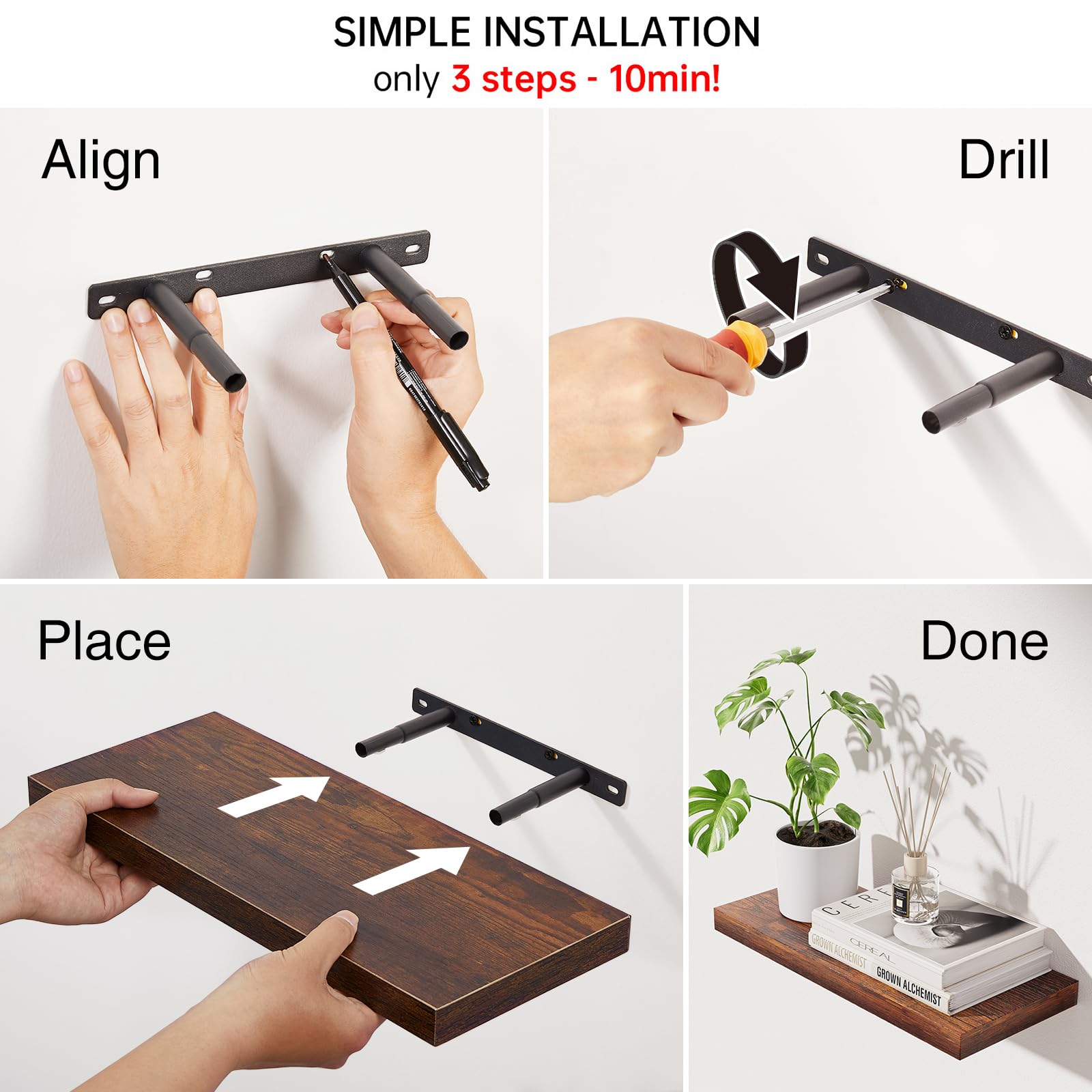 BAYKA Floating Shelves for Wall, Wall Mounted Rustic Wood Shelves for Bathroom, Bedroom, Living Room, Kitchen, Hanging Shelf for Books/Storage/Room Decor with 22lbs Capacity (Black, Set of 3, 15.7in)