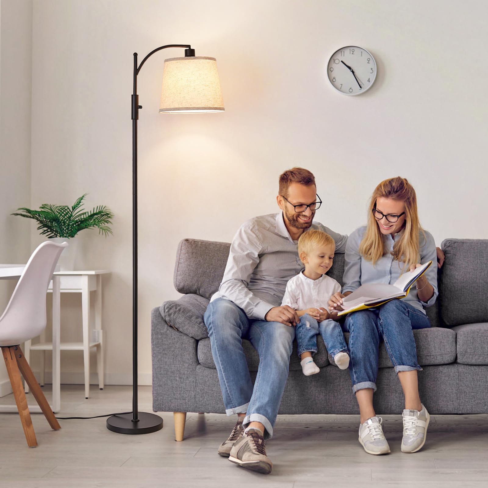AIDENOEY Fully Dimmable Floor Lamp for Living Room，Standing Lamp Rotary Switch with Table&Linen Beige Shade，Golden Tall Lamps for Bedroom with Adjust Head，9W LED Bulb Included