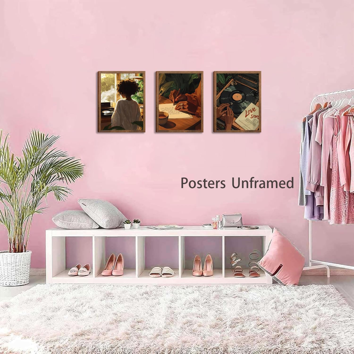 Black Girl Pink Wall Art Aesthetic Set of 3, African American Black Women Canvas Posters Fashion Black Girl Wall Pictures Prints Home Decor，Living Room， Bedroom ，Bathroom Decoration ，12x16In Unframed