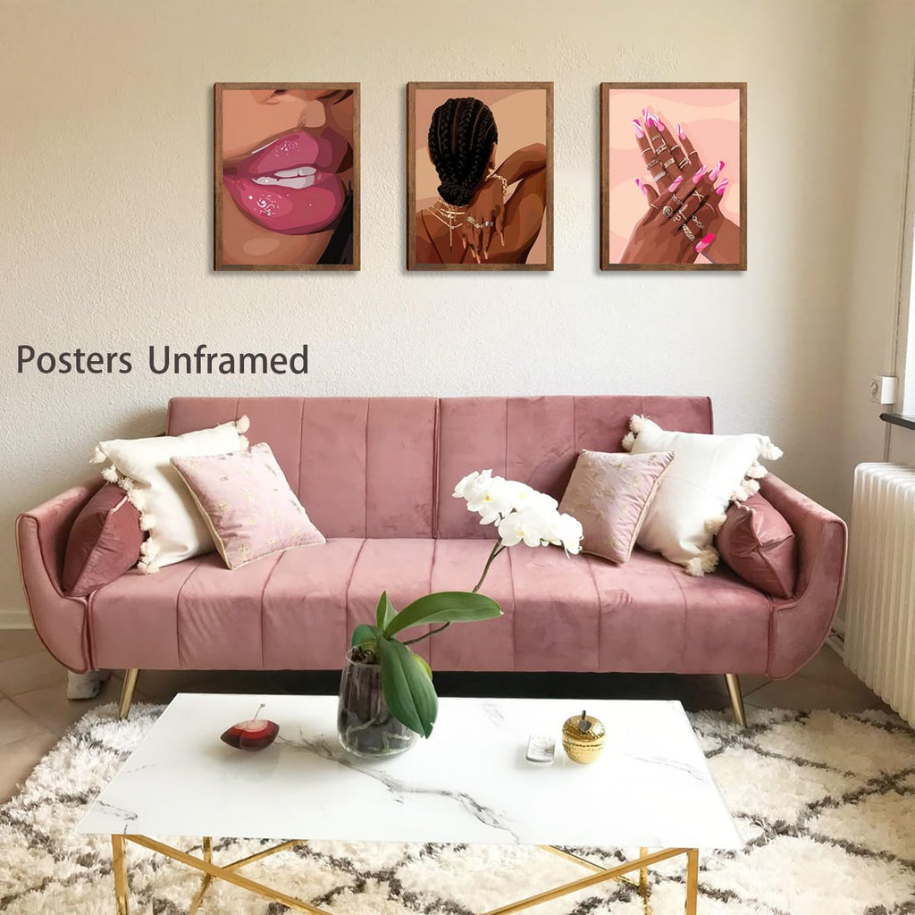 Black Girl Pink Wall Art Aesthetic Set of 3, African American Black Women Canvas Posters Fashion Black Girl Wall Pictures Prints Home Decor，Living Room， Bedroom ，Bathroom Decoration ，12x16In Unframed