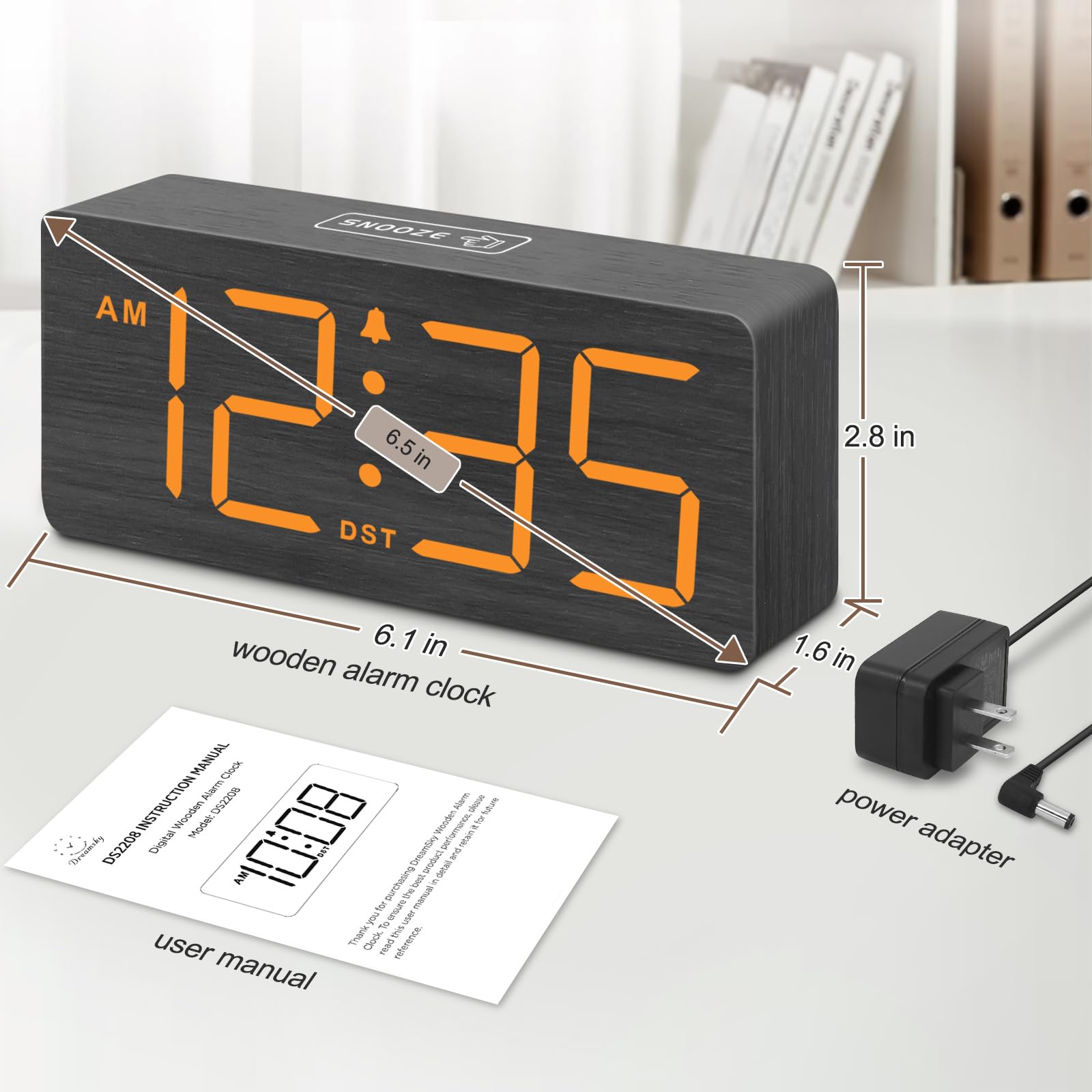 DreamSky Wooden Digital Alarm Clock for Bedroom - Desk Clock for Living Room with Large Numbers, Dimmer, Loud Alarm for Heavy Sleepers with Volume Control, DST, Office Wood Decor (Plug in Clock)