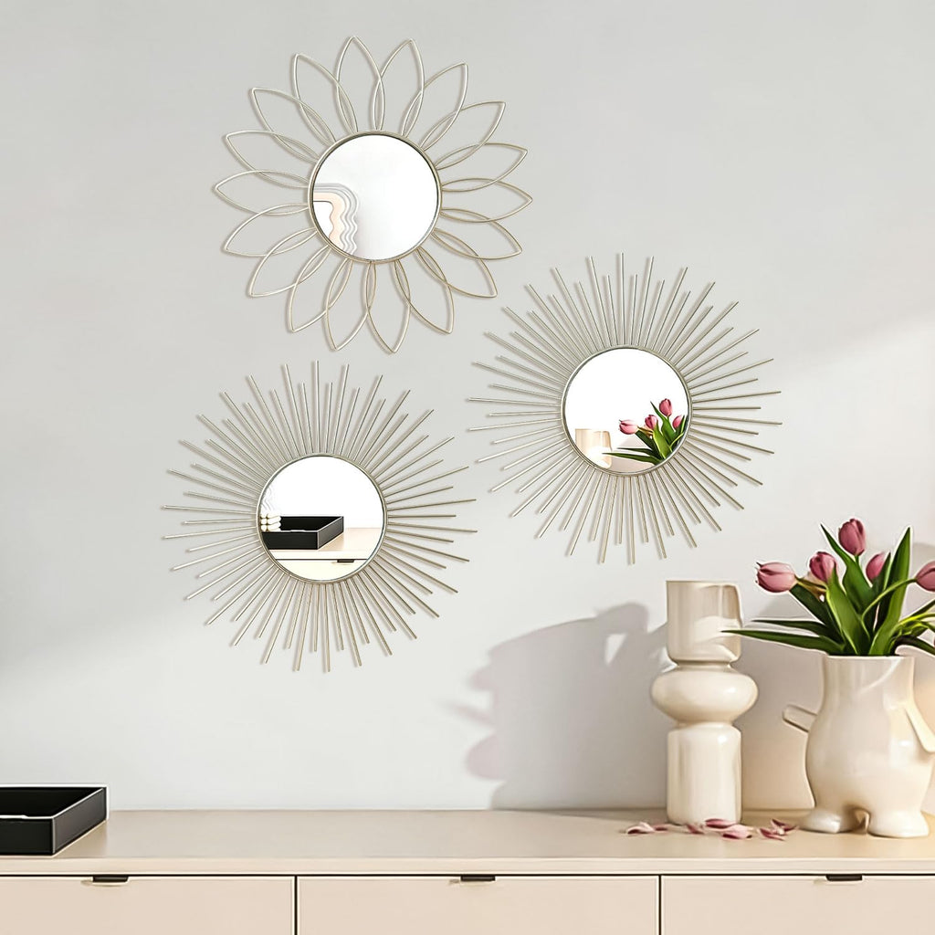 3 Pack Metal Mirrors for Wall Sunburst Wall Mirrors Home Décor Decorative Hanging Wall Art for Living Room Bedroom Entryway (Gold, Flower+Sunburst)