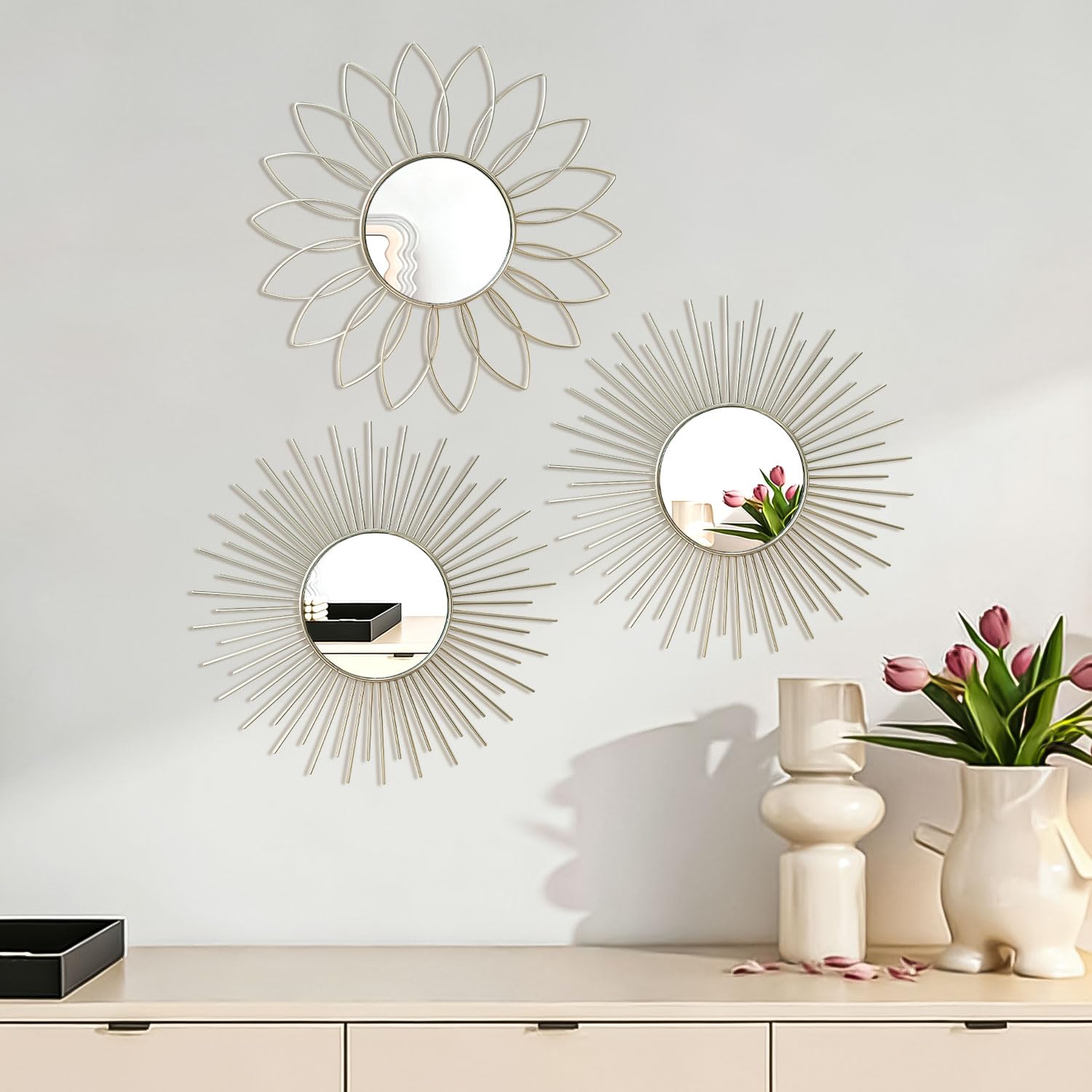 3 Pack Metal Mirrors for Wall Sunburst Wall Mirrors Home Décor Decorative Hanging Wall Art for Living Room Bedroom Entryway (Gold, Flower+Sunburst)