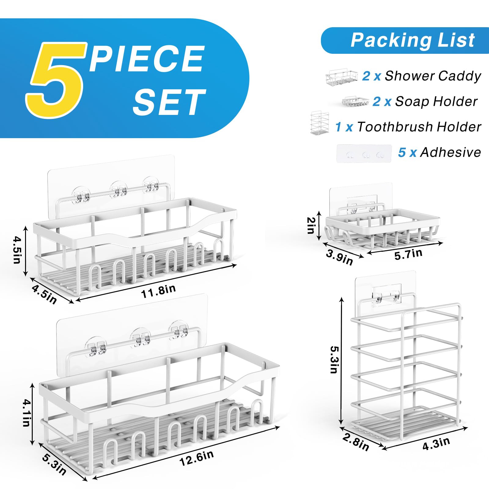 EUDELE Adhesive Shower Caddy, 5 Pack Rustproof Stainless Steel Bath Organizers With Large Capacity, No Drilling Shelves for Bathroom Storage & Home Decor