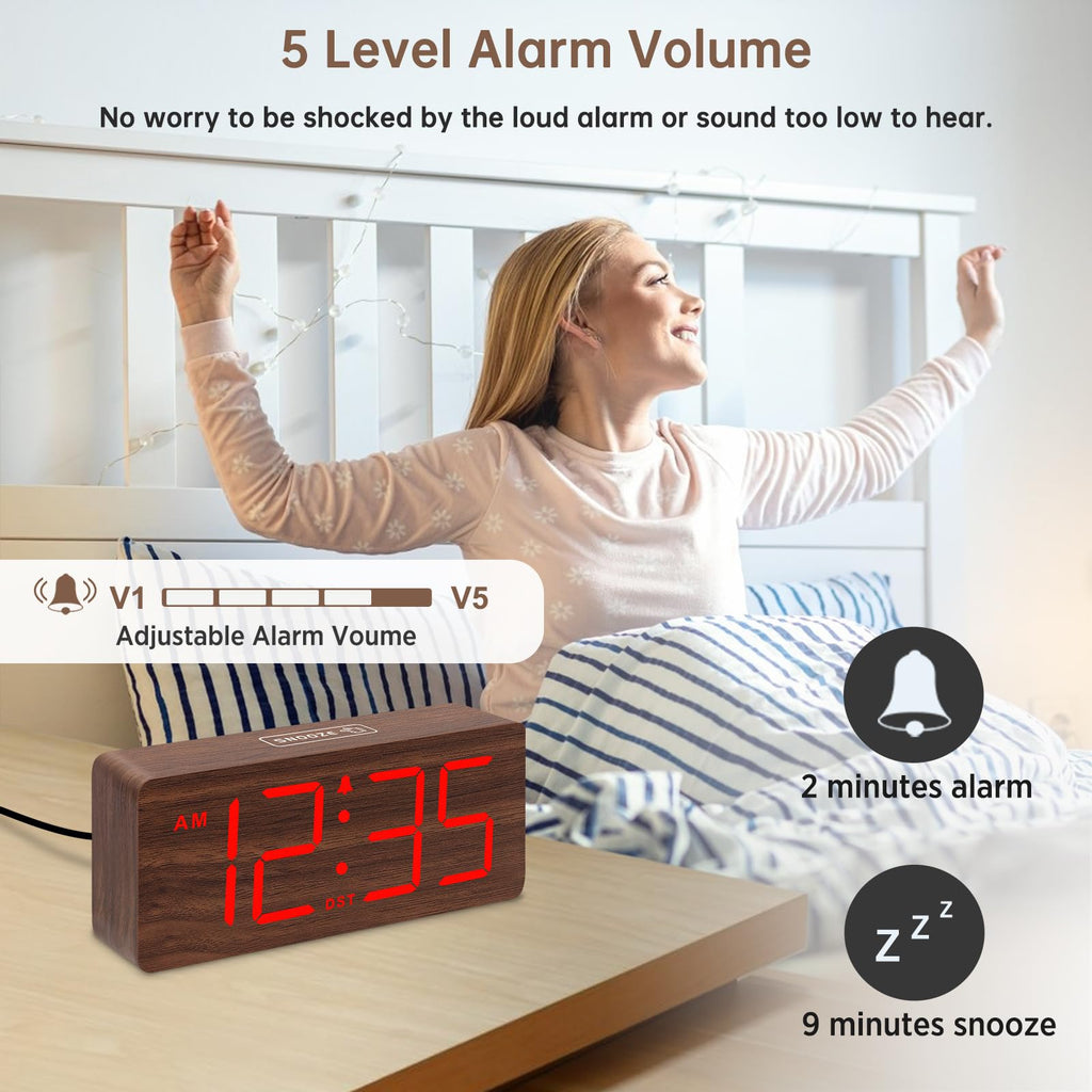 DreamSky Wooden Digital Alarm Clock for Bedroom - Desk Clock for Living Room with Large Numbers, Dimmer, Loud Alarm for Heavy Sleepers with Volume Control, DST, Office Wood Decor (Plug in Clock)