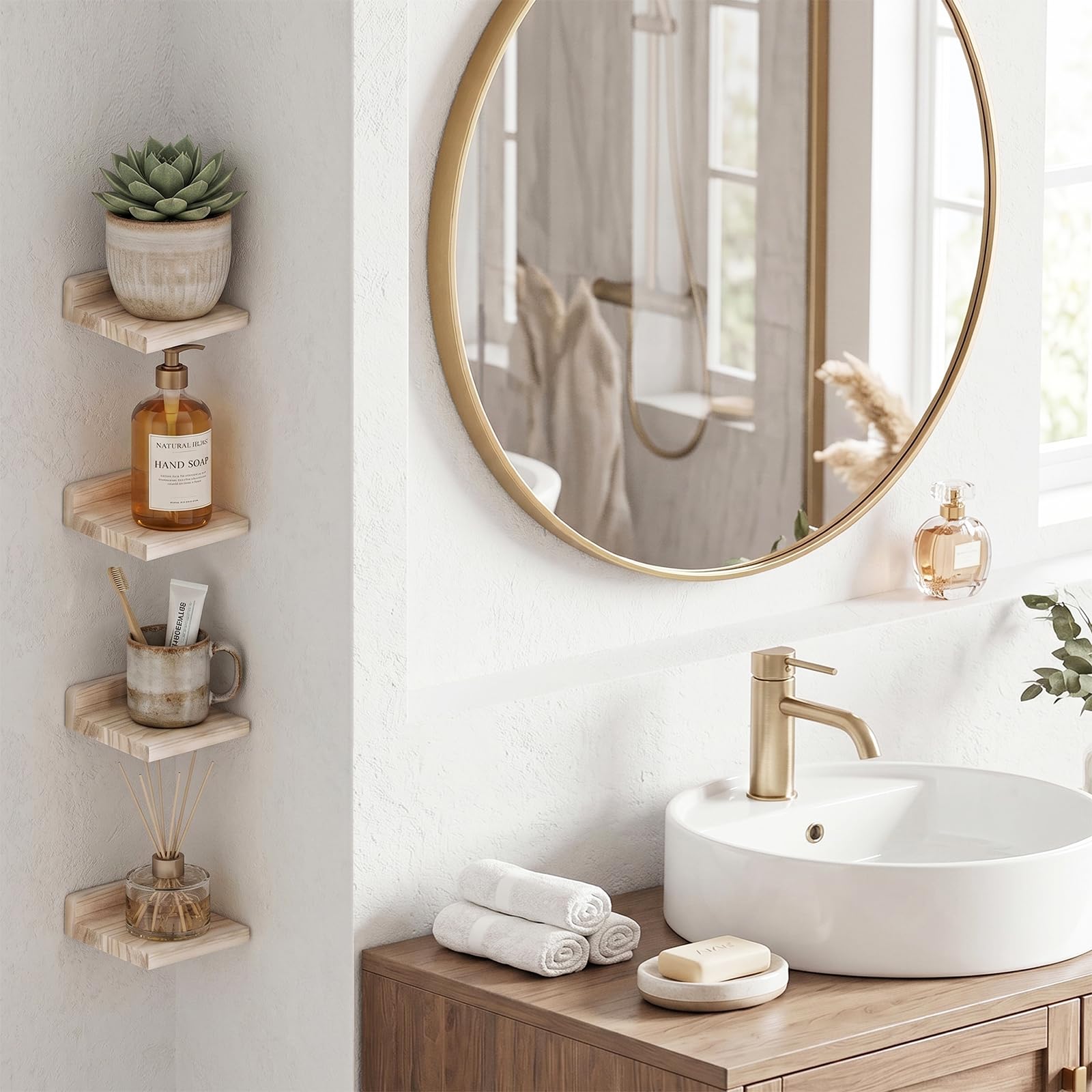 Fixwal Wall Shelves, 5x5 Inches Small Floating Shelf, Rustic Wood Wall Mounted Shelves for Bedroom, Living Room, Kitchen, Bathroom Decor (Set of 4, Black)
