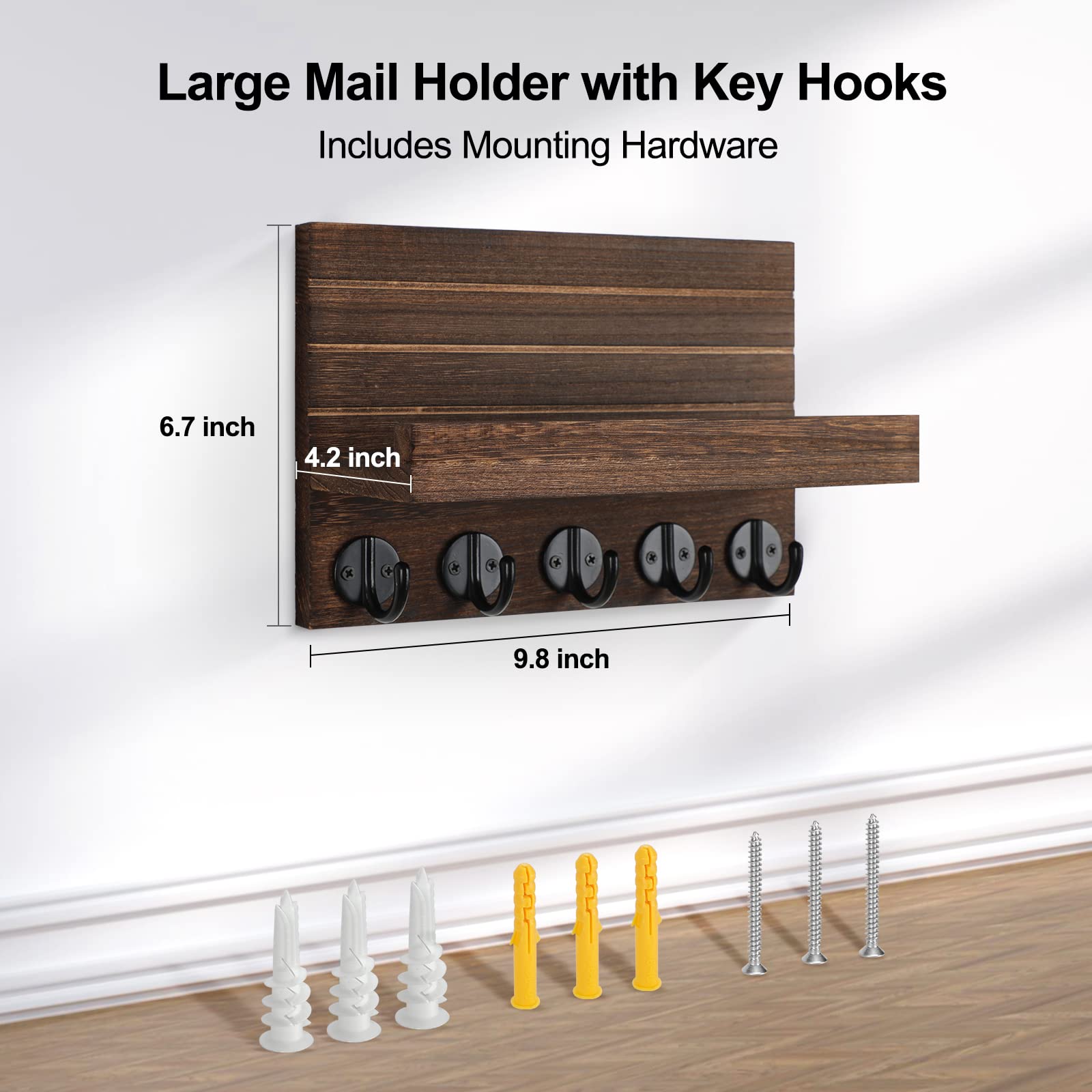 Lwenki Key Holder for Wall, Decorative Key and Mail Holder with Shelf Has Large Hooks for Bags, Coats, Umbrella – Paulownia Wood Key Hanger with Mounting Hardware (9.8”W x 6.7”H x 4.2”D)
