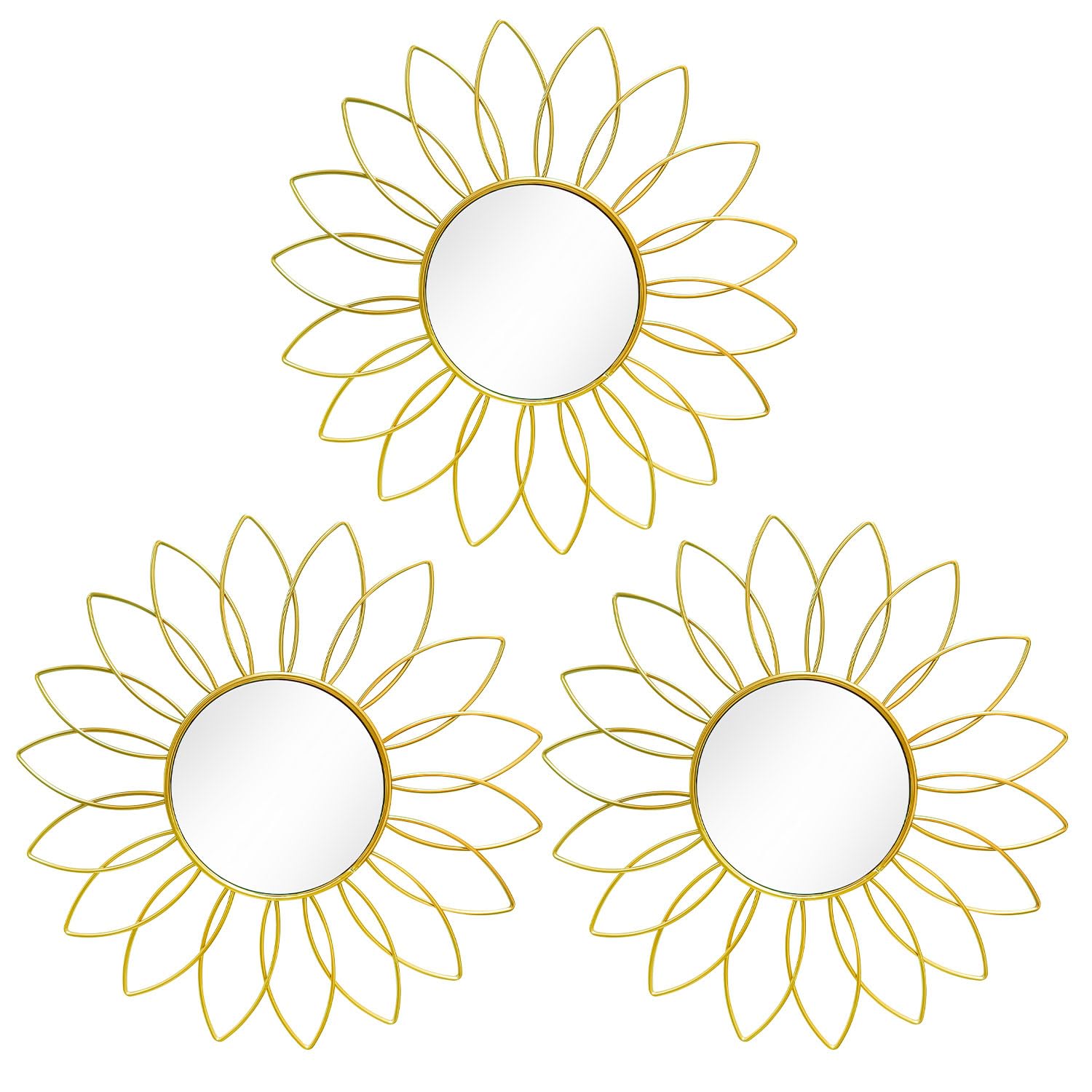 3 Pack Metal Mirrors for Wall Sunburst Wall Mirrors Home Décor Decorative Hanging Wall Art for Living Room Bedroom Entryway (Gold, Flower+Sunburst)
