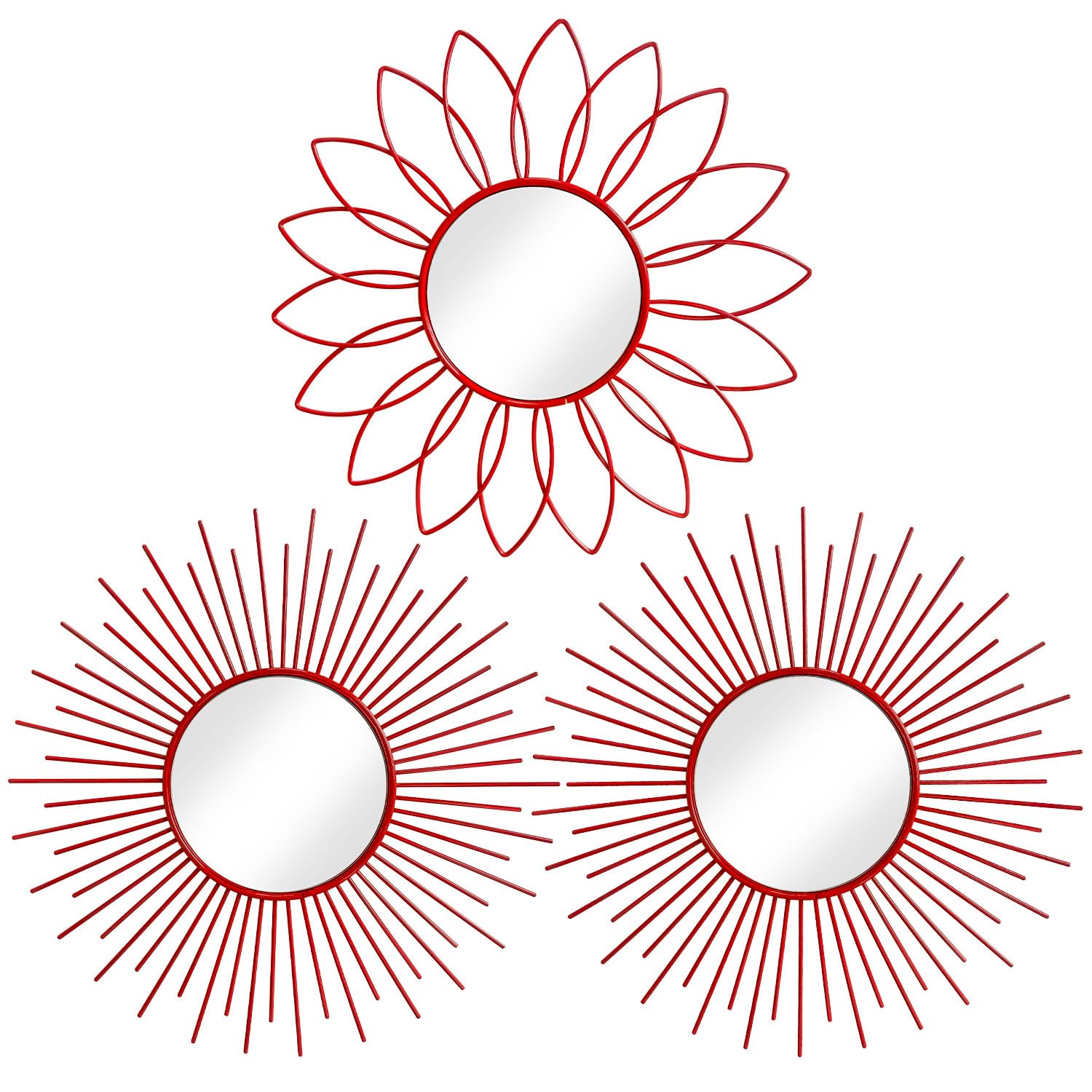 3 Pack Metal Mirrors for Wall Sunburst Wall Mirrors Home Décor Decorative Hanging Wall Art for Living Room Bedroom Entryway (Gold, Flower+Sunburst)