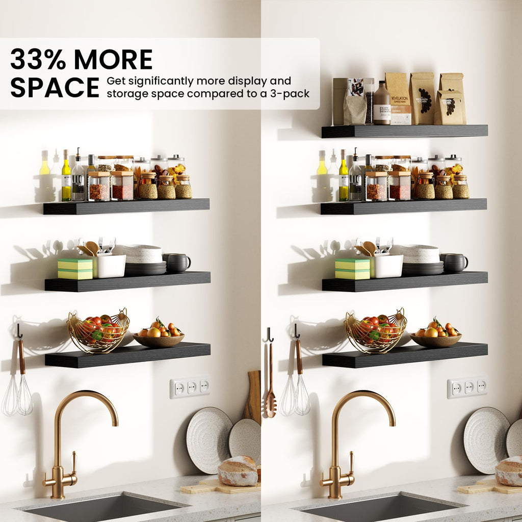 BAYKA Floating Shelves for Wall, Wall Mounted Rustic Wood Shelves for Bathroom, Bedroom, Living Room, Kitchen, Hanging Shelf for Books/Storage/Room Decor with 22lbs Capacity (Black, Set of 3, 15.7in)