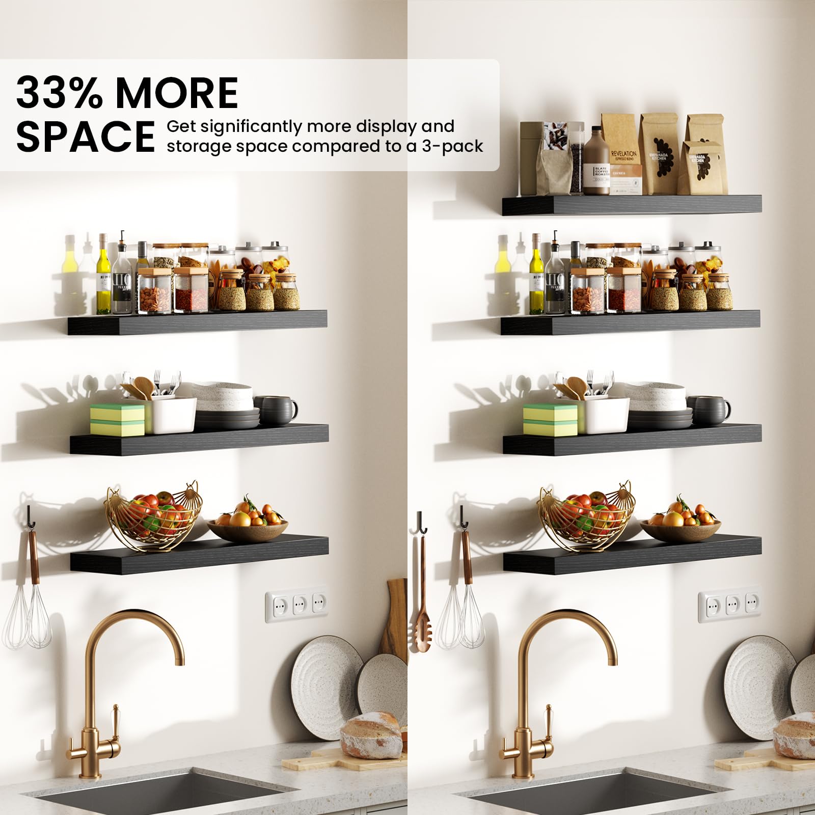 BAYKA Floating Shelves for Wall, Wall Mounted Rustic Wood Shelves for Bathroom, Bedroom, Living Room, Kitchen, Hanging Shelf for Books/Storage/Room Decor with 22lbs Capacity (Black, Set of 3, 15.7in)