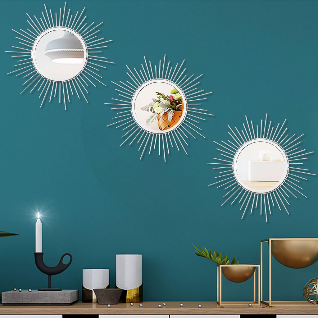 3 Pack Metal Mirrors for Wall Sunburst Wall Mirrors Home Décor Decorative Hanging Wall Art for Living Room Bedroom Entryway (Gold, Flower+Sunburst)
