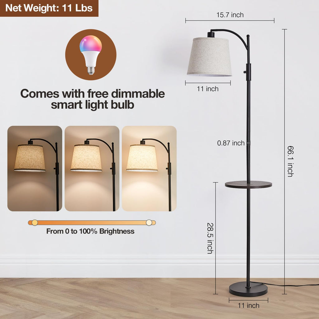 AIDENOEY Fully Dimmable Floor Lamp for Living Room，Standing Lamp Rotary Switch with Table&Linen Beige Shade，Golden Tall Lamps for Bedroom with Adjust Head，9W LED Bulb Included