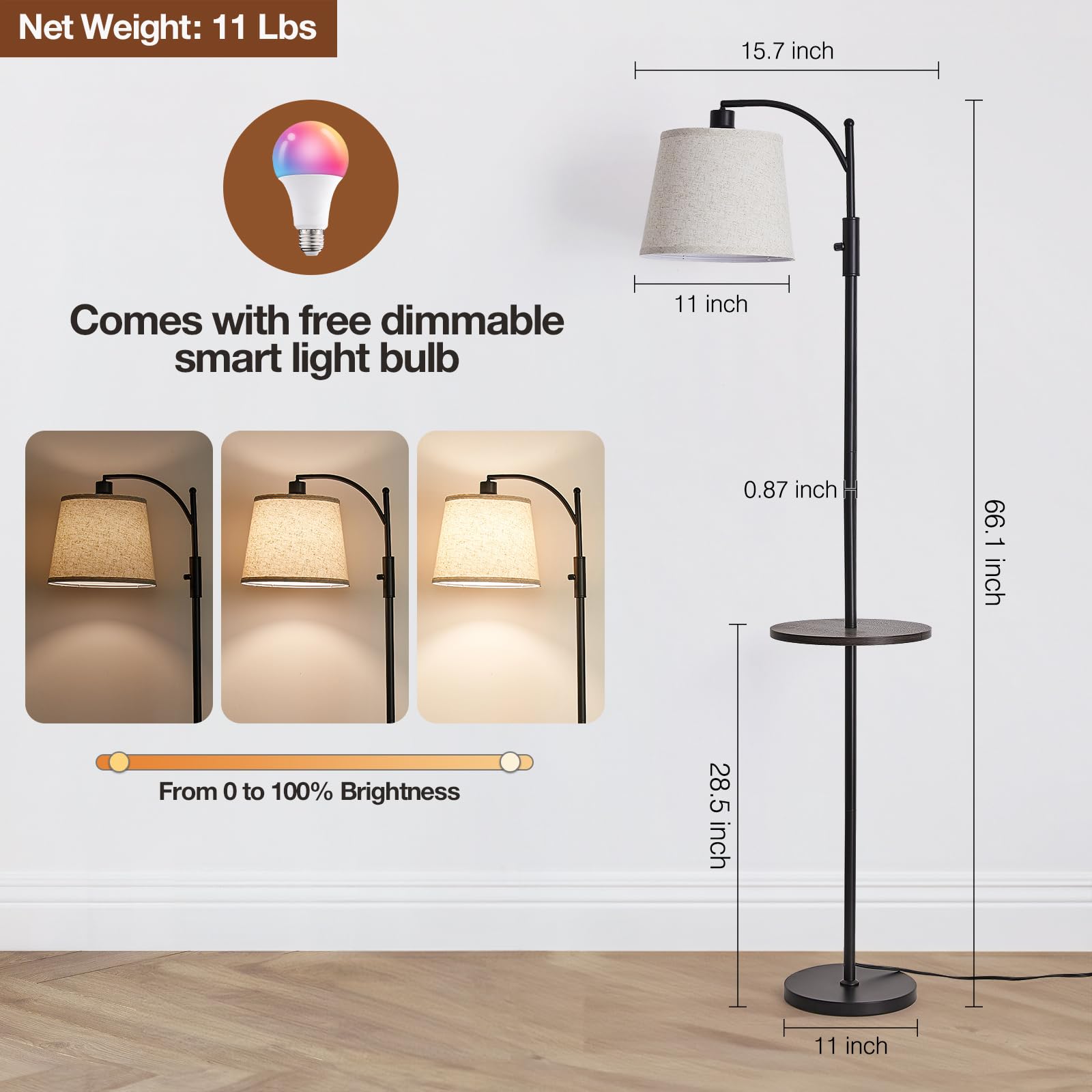 AIDENOEY Fully Dimmable Floor Lamp for Living Room，Standing Lamp Rotary Switch with Table&Linen Beige Shade，Golden Tall Lamps for Bedroom with Adjust Head，9W LED Bulb Included