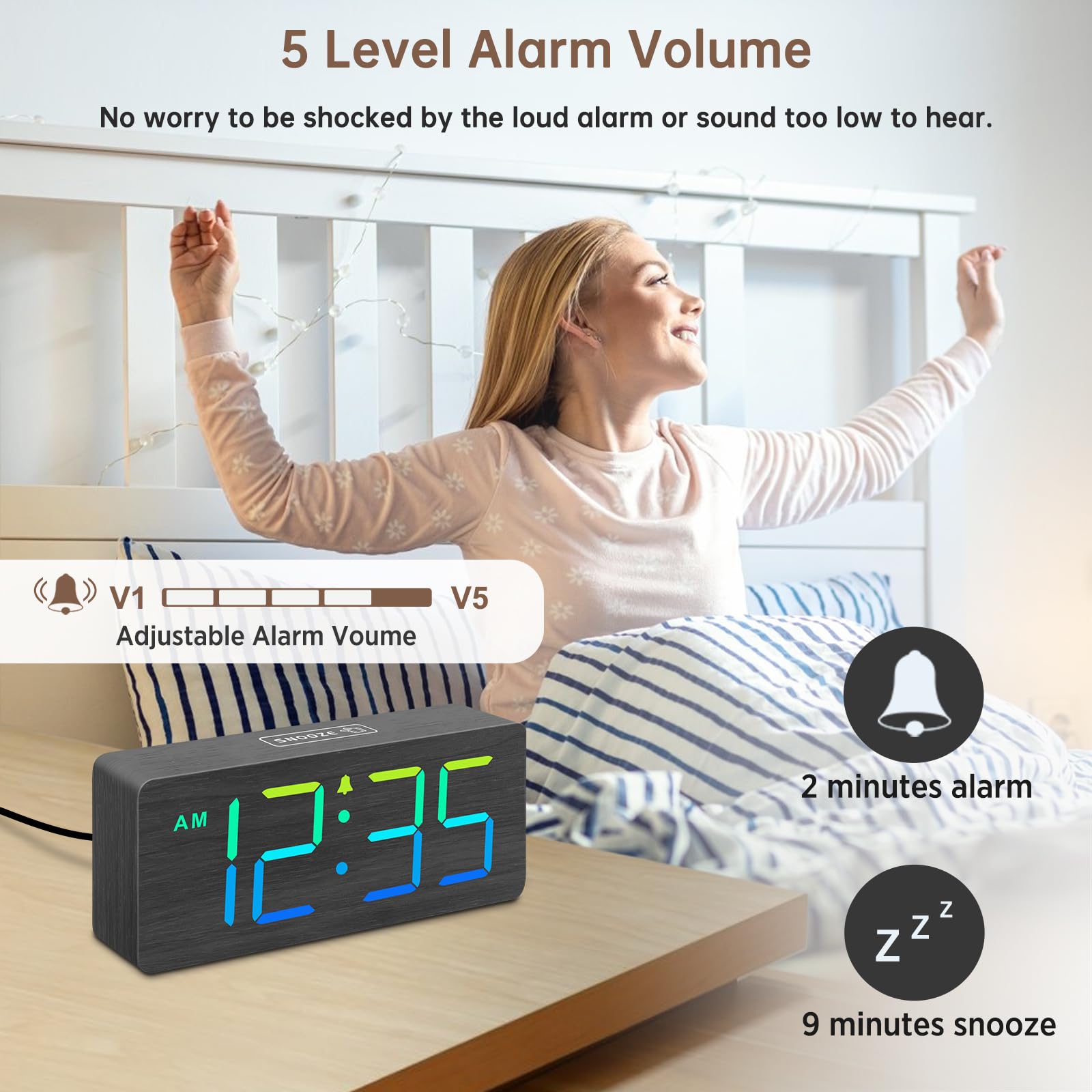 DreamSky Wooden Digital Alarm Clock for Bedroom - Desk Clock for Living Room with Large Numbers, Dimmer, Loud Alarm for Heavy Sleepers with Volume Control, DST, Office Wood Decor (Plug in Clock)