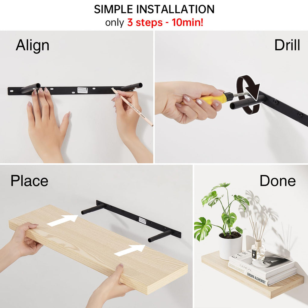 BAYKA Floating Shelves for Wall, Wall Mounted Rustic Wood Shelves for Bathroom, Bedroom, Living Room, Kitchen, Hanging Shelf for Books/Storage/Room Decor with 22lbs Capacity (Black, Set of 3, 15.7in)