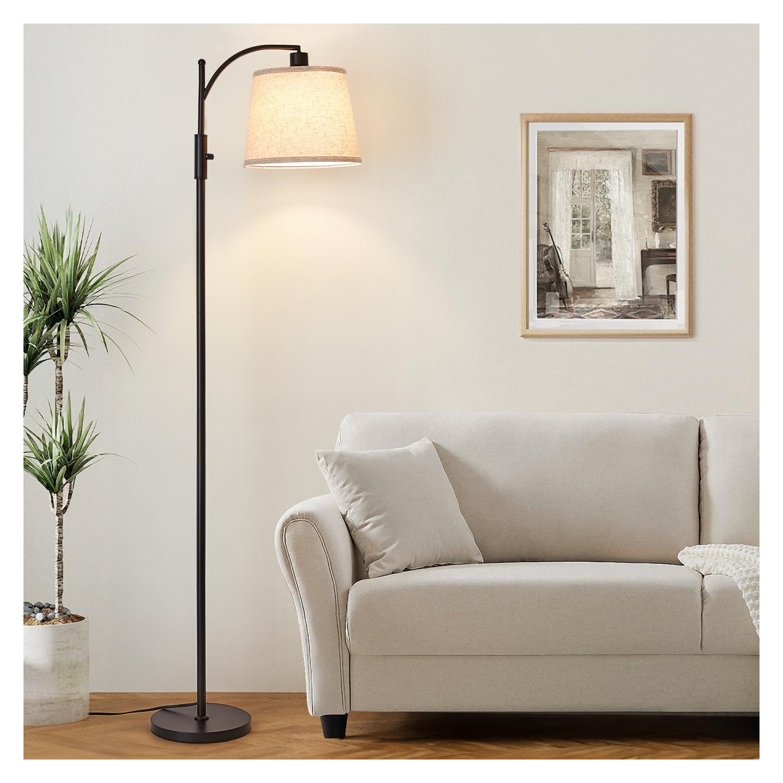 AIDENOEY Fully Dimmable Floor Lamp for Living Room，Standing Lamp Rotary Switch with Table&Linen Beige Shade，Golden Tall Lamps for Bedroom with Adjust Head，9W LED Bulb Included