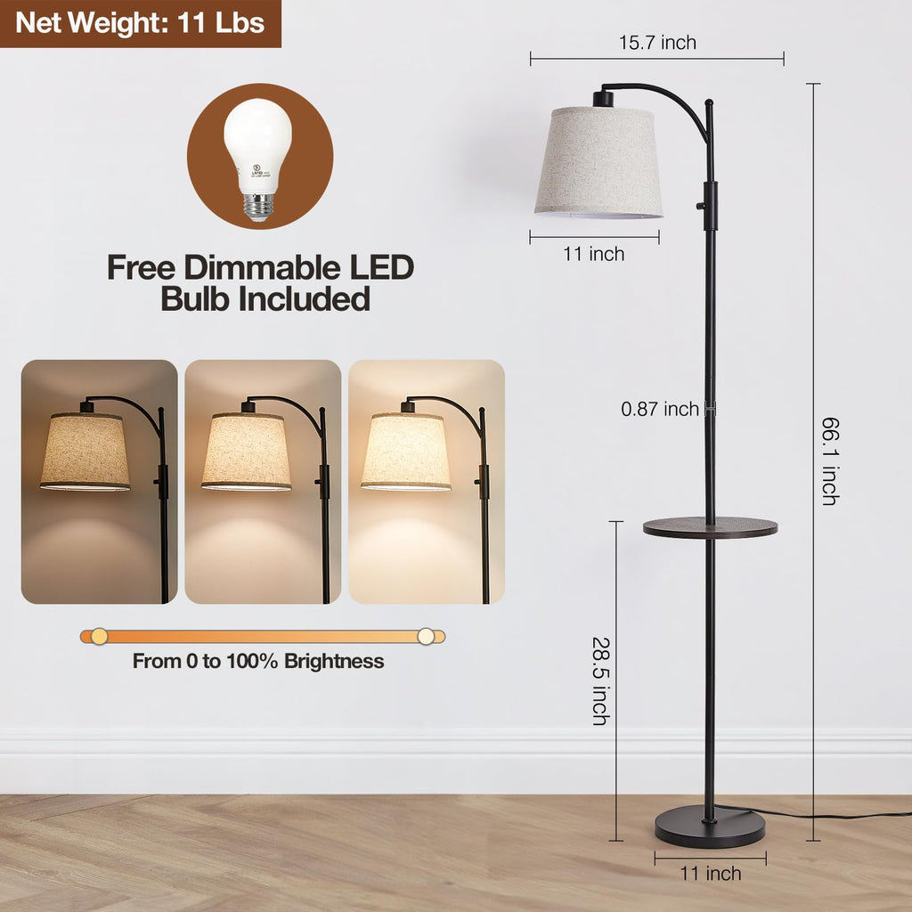 AIDENOEY Fully Dimmable Floor Lamp for Living Room，Standing Lamp Rotary Switch with Table&Linen Beige Shade，Golden Tall Lamps for Bedroom with Adjust Head，9W LED Bulb Included