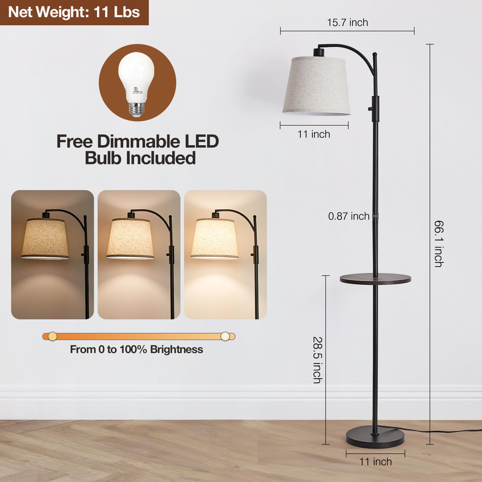 AIDENOEY Fully Dimmable Floor Lamp for Living Room，Standing Lamp Rotary Switch with Table&Linen Beige Shade，Golden Tall Lamps for Bedroom with Adjust Head，9W LED Bulb Included