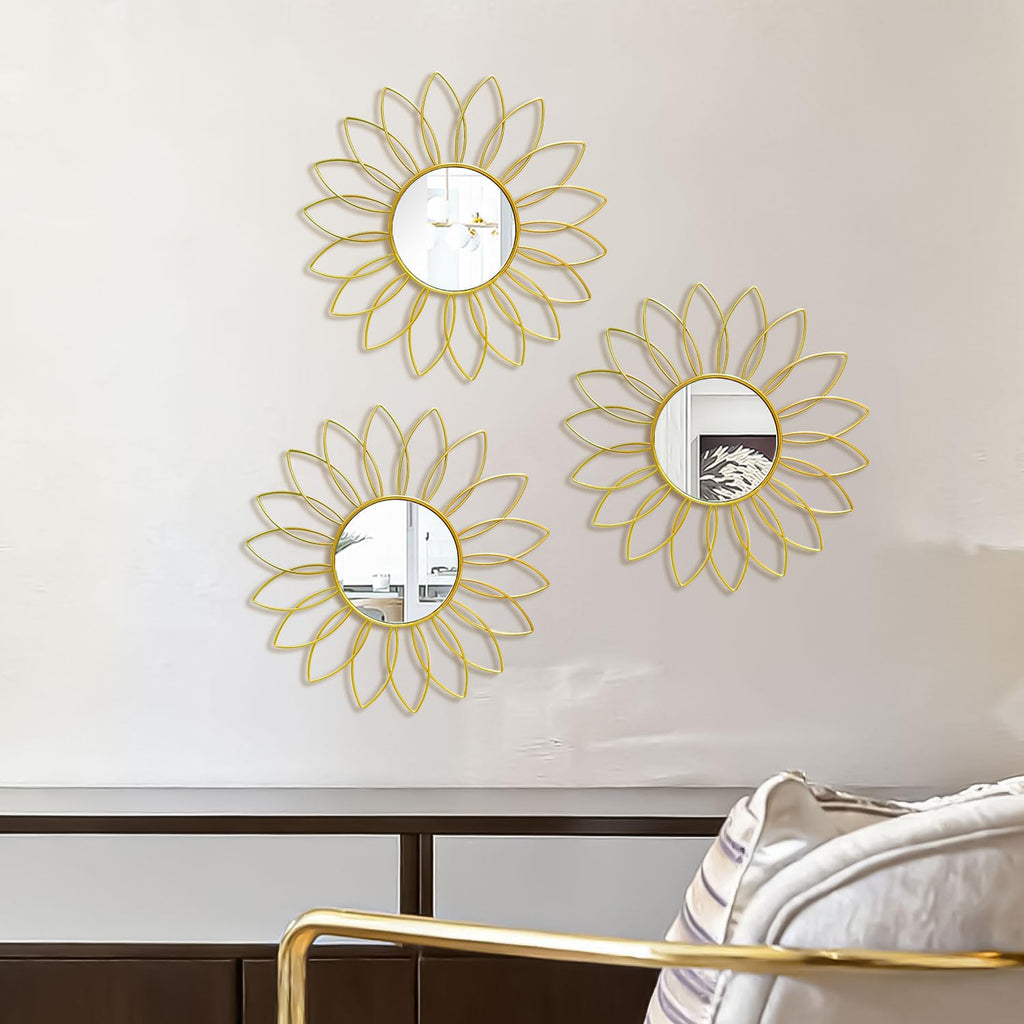 3 Pack Metal Mirrors for Wall Sunburst Wall Mirrors Home Décor Decorative Hanging Wall Art for Living Room Bedroom Entryway (Gold, Flower+Sunburst)